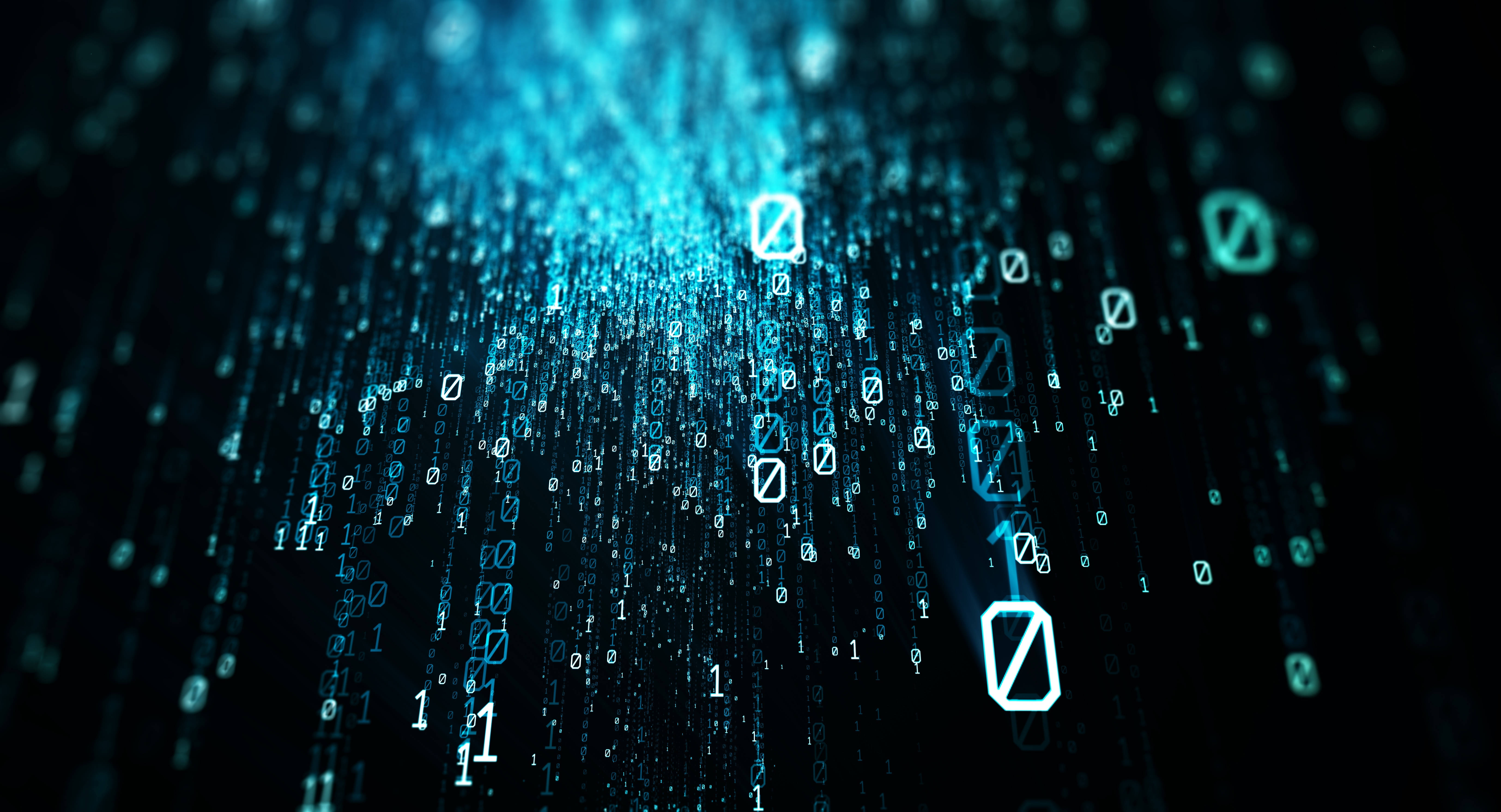 glowing blue, binary code, dark background, 5K Desktop Wallpaper
