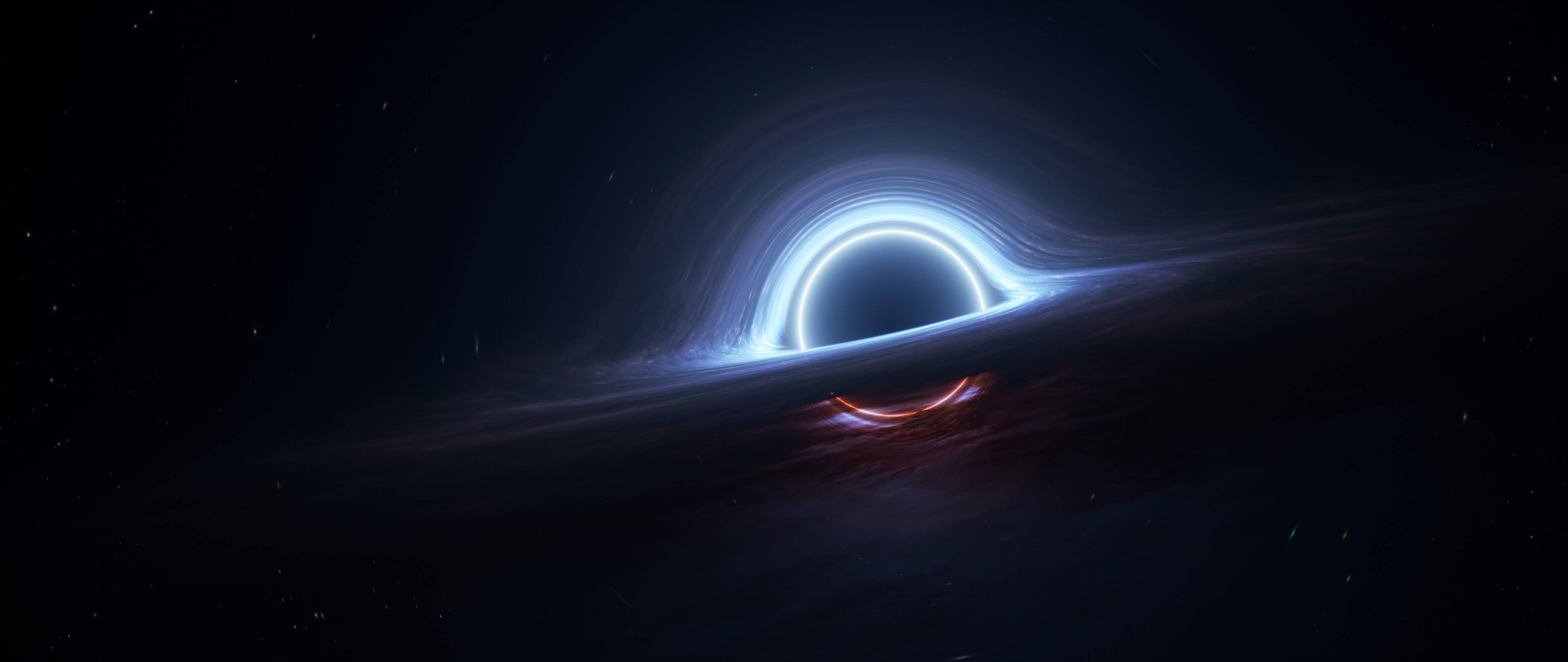 glowing blue and red accretion disk, cosmic black hole, starry night sky, 4K Desktop Wallpaper