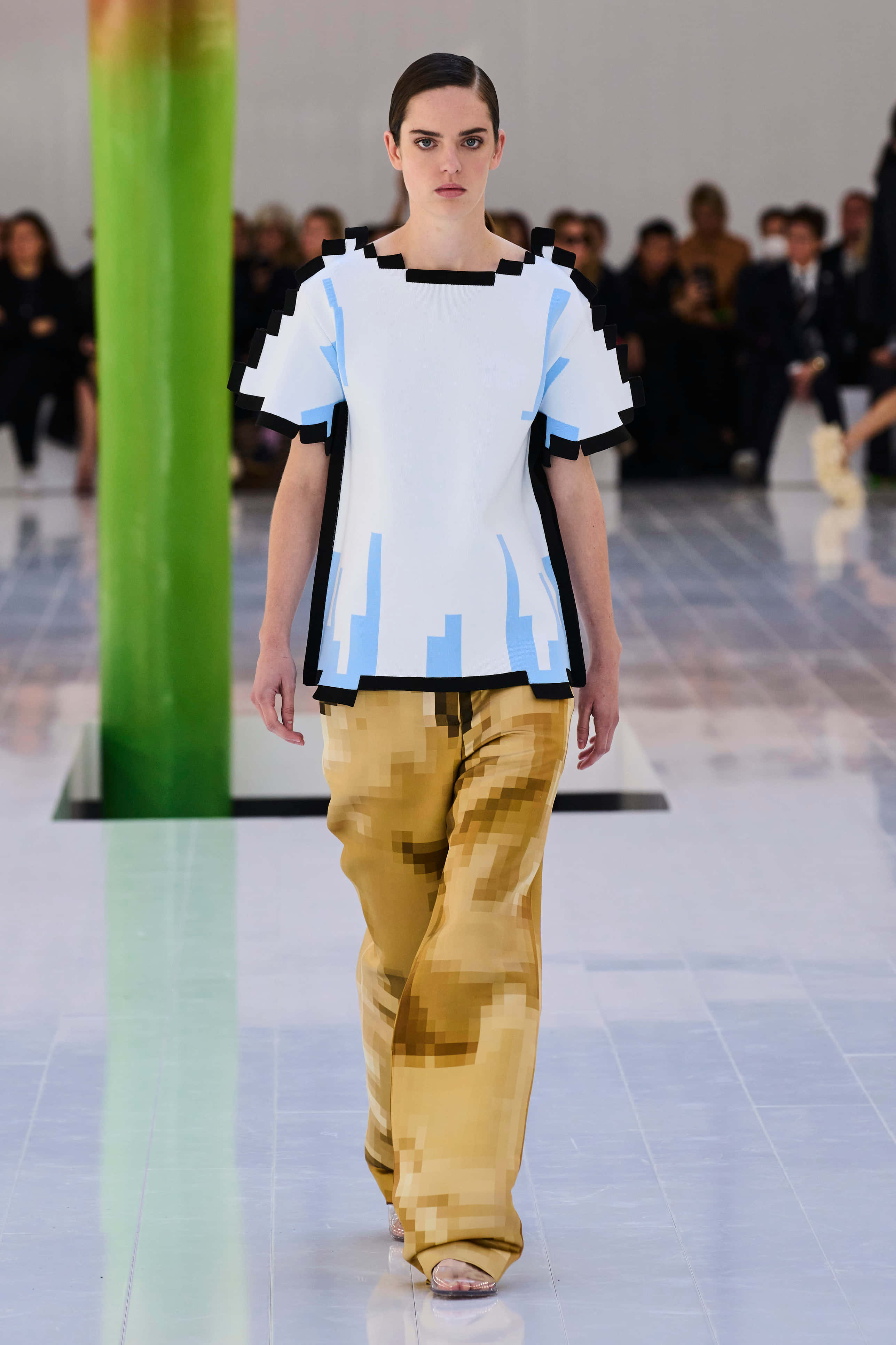 Loewe, pixelated blue and white top, gold pixelated pants, 4K Phone Wallpaper