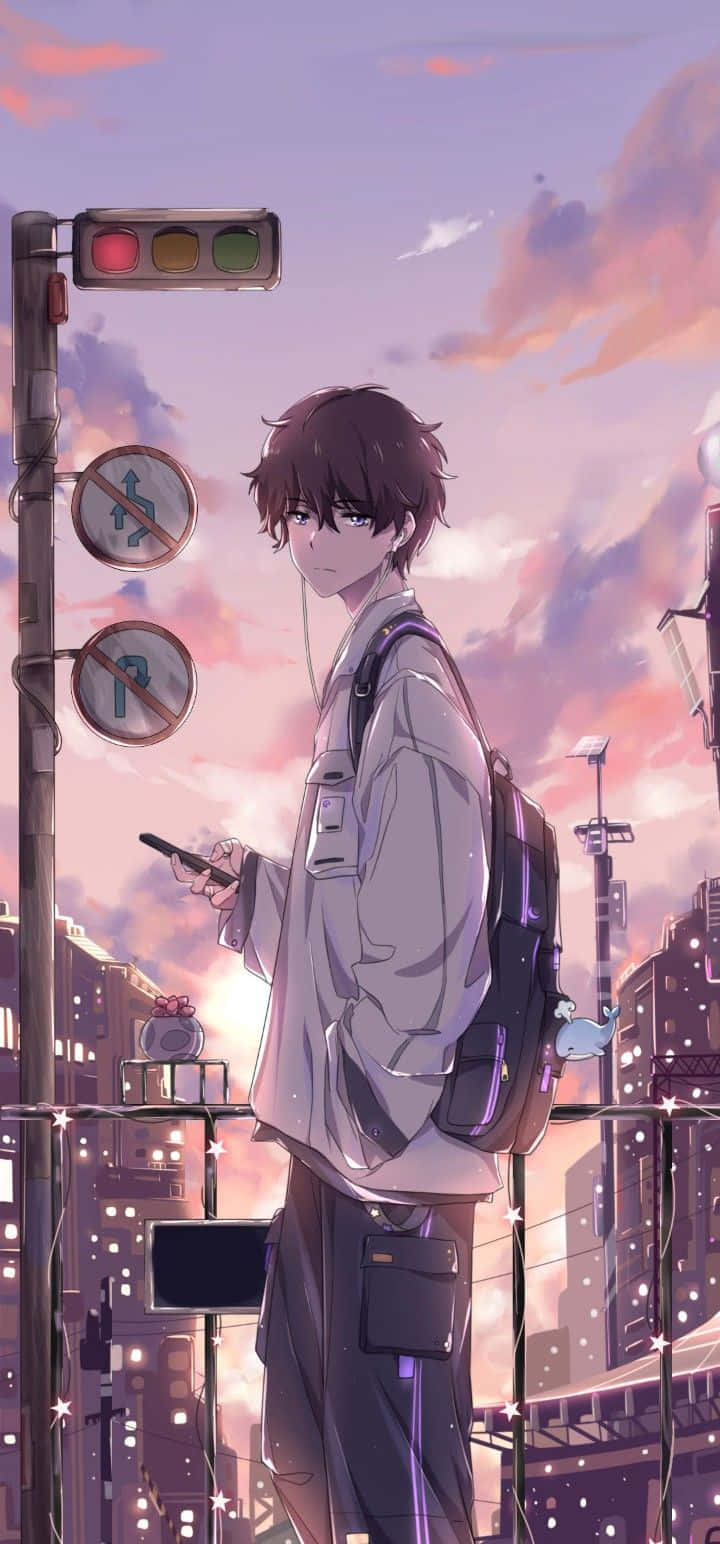 young anime boy, backpack, city street corner, HD Phone Wallpaper