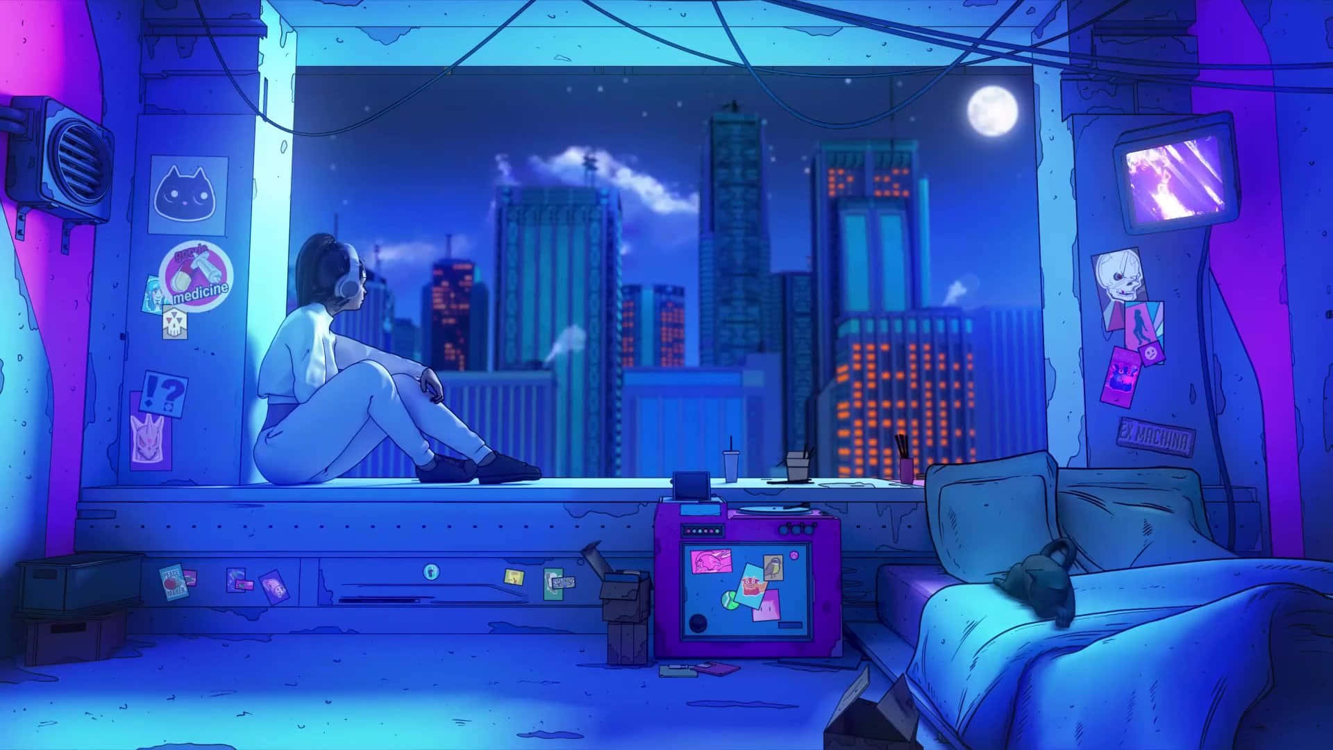 lofi anime, neon-drenched bedroom, glowing cityscape, Full HD Desktop Wallpaper