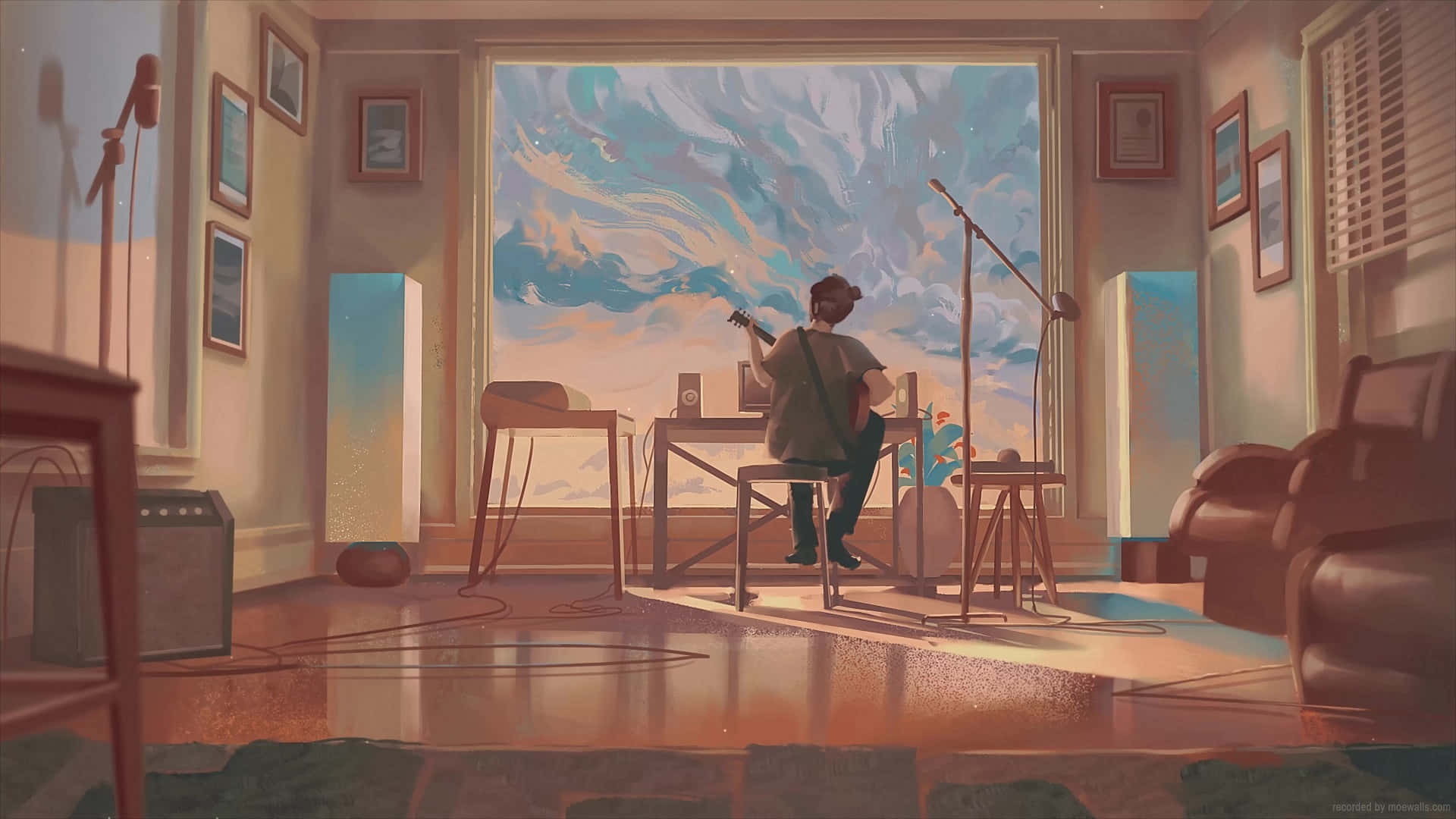musician, guitar, warmly lit room, Full HD Desktop Wallpaper