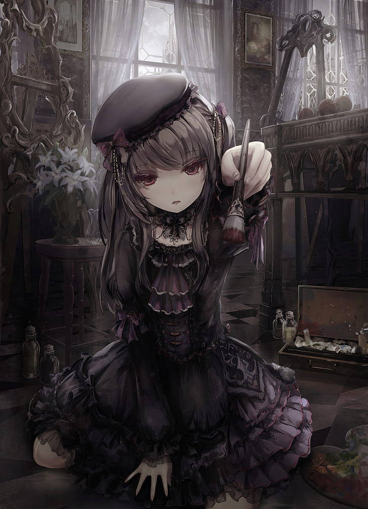 gothic anime girl, dark purple dress, vintage room, SD Phone Wallpaper