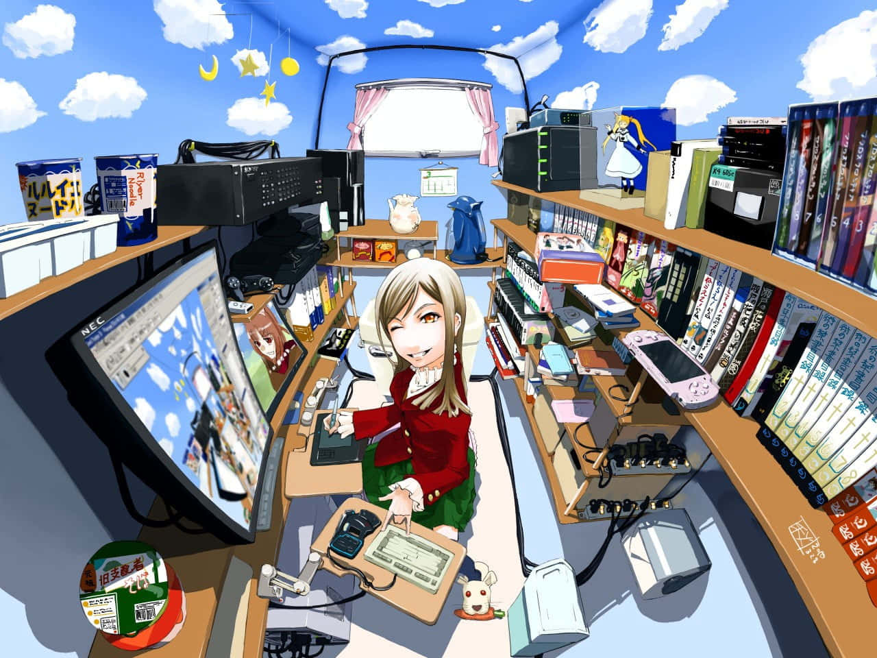 Anime girl, red sweater, cluttered tech-filled room, HD Desktop Wallpaper