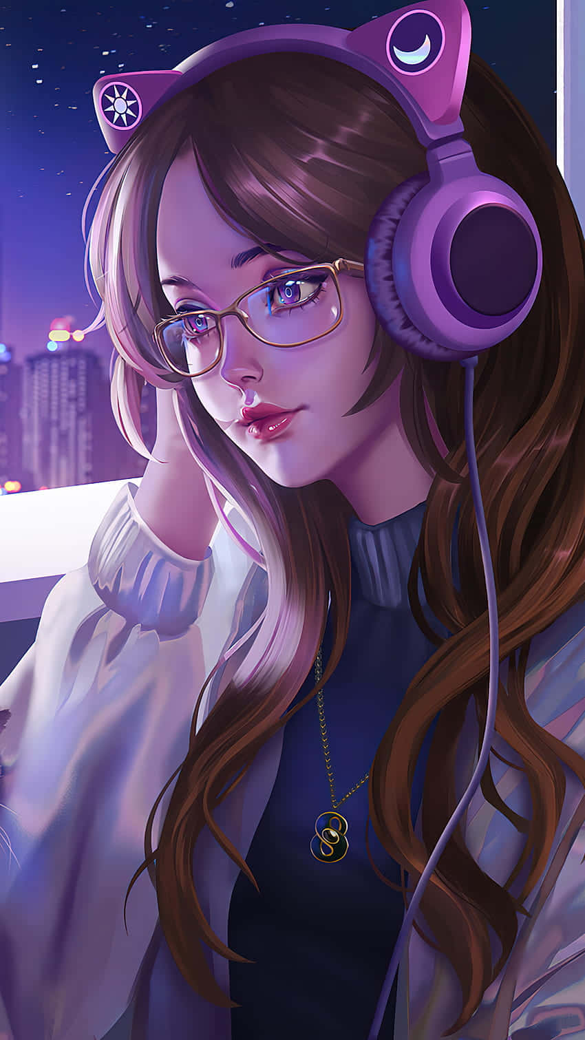 Lofi Anime, gamer cat girl, purple cat-ear headphones, HD Phone Wallpaper