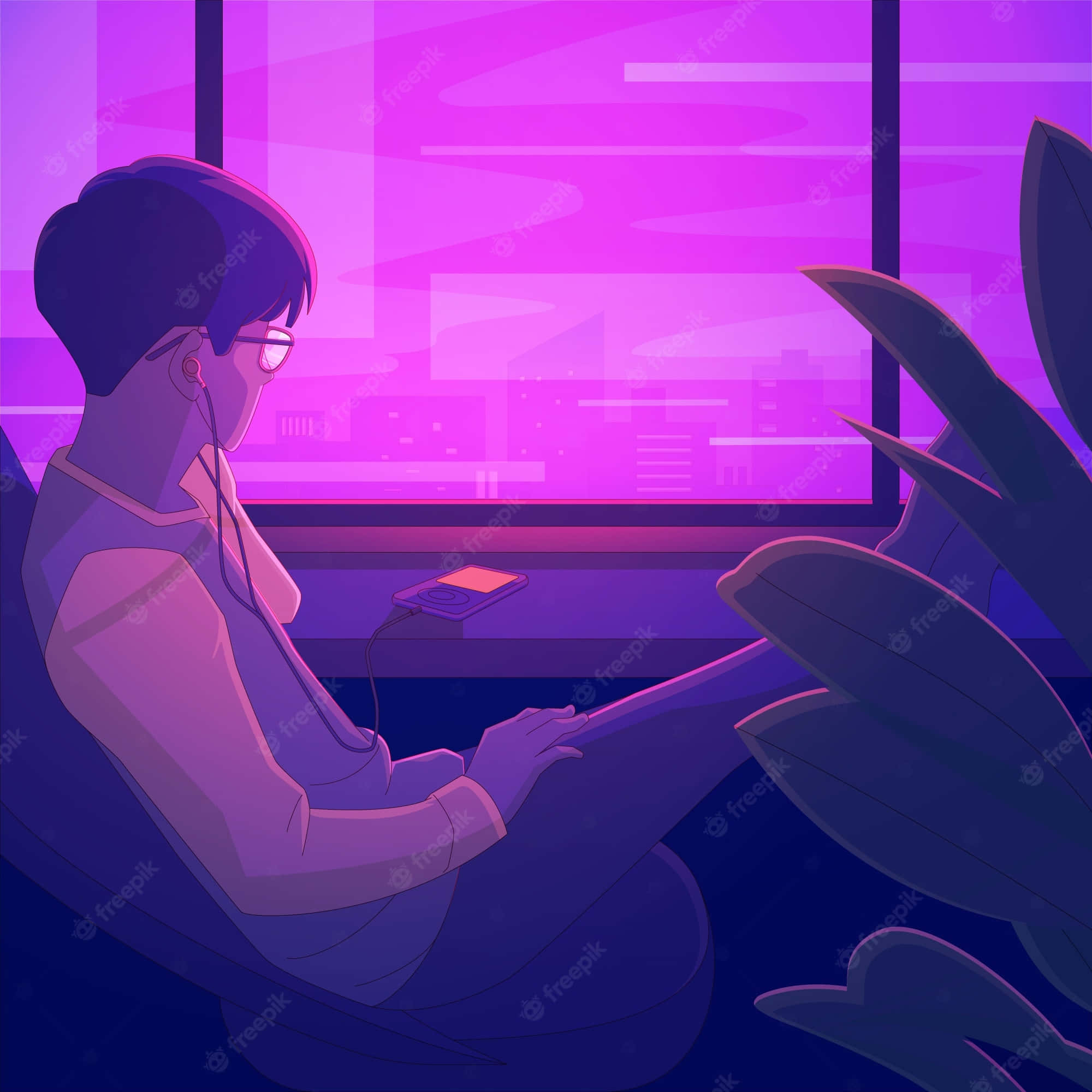 lo fi anime, purple-lit room, tablet, Full HD Desktop Wallpaper