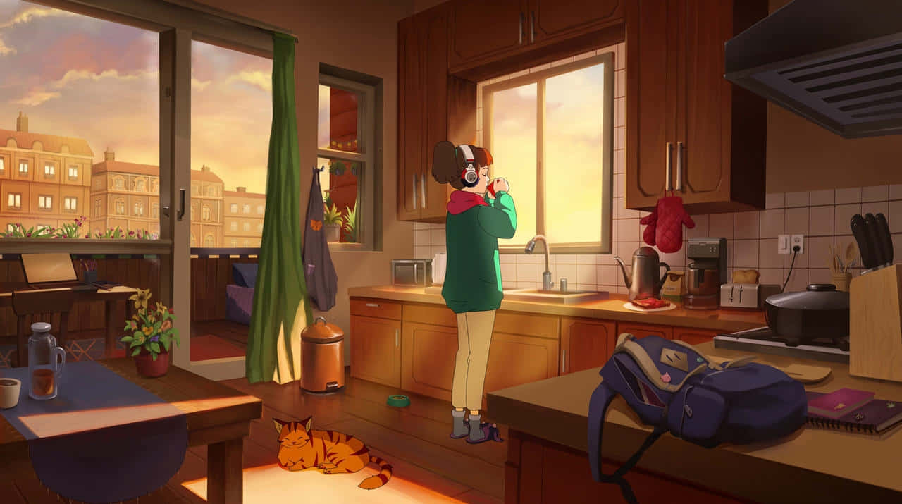 Lofi Girl, green sweater, warmly lit kitchen, HD Desktop Wallpaper