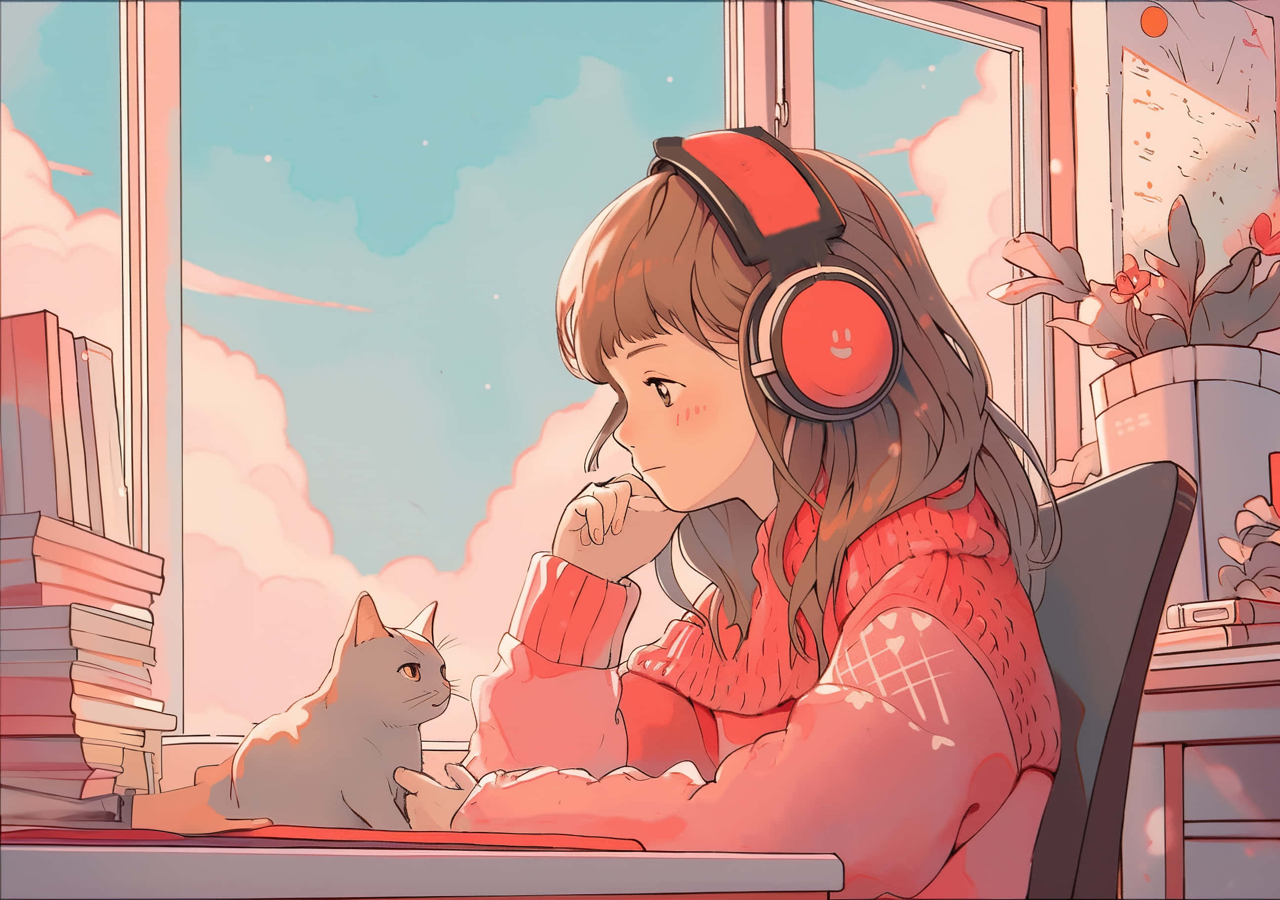 Lofi Girl, red headphones, sweater, 2K Desktop Wallpaper