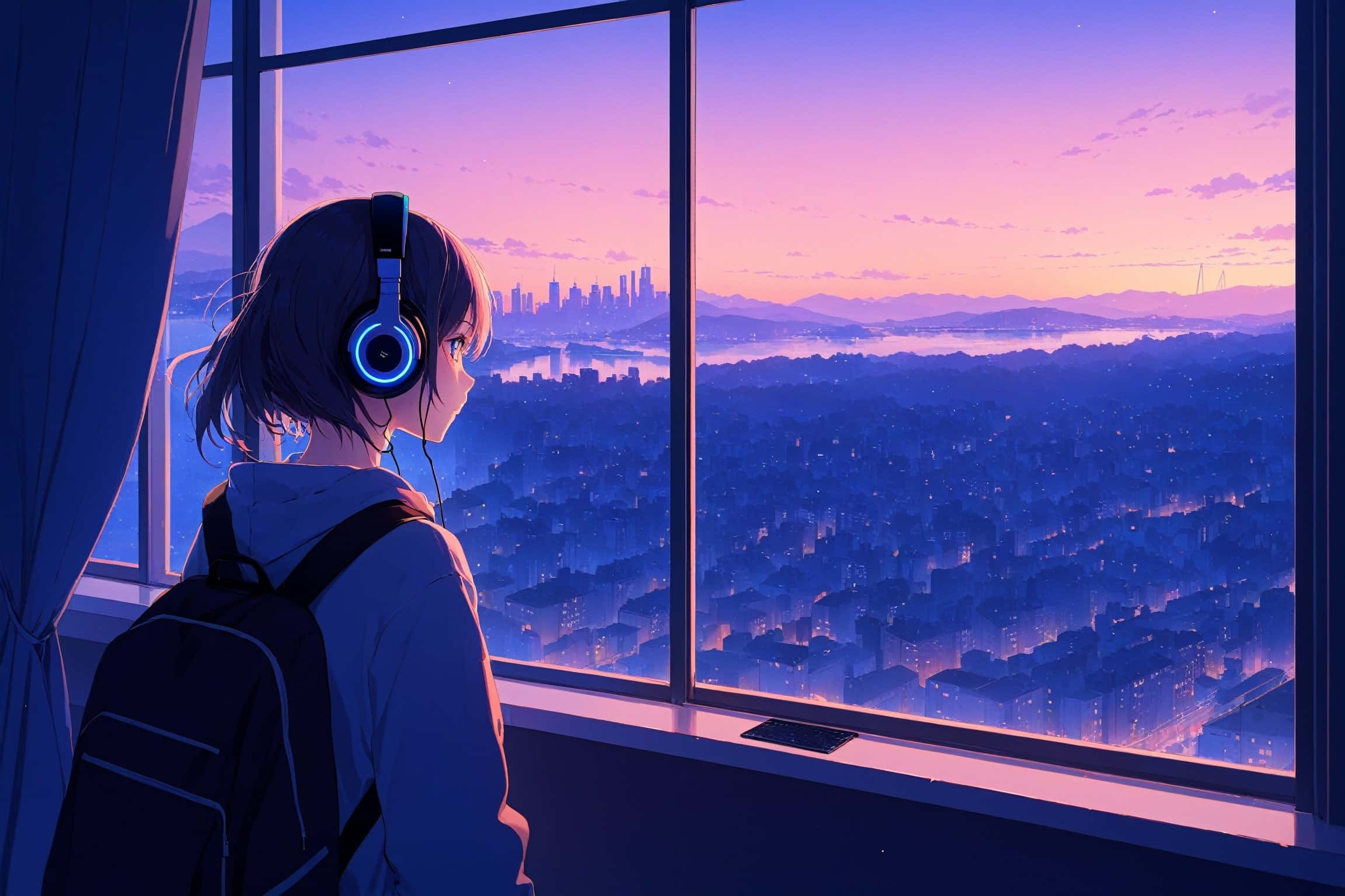 Lofi Girl, sunset, cityscape, Full HD Desktop Wallpaper