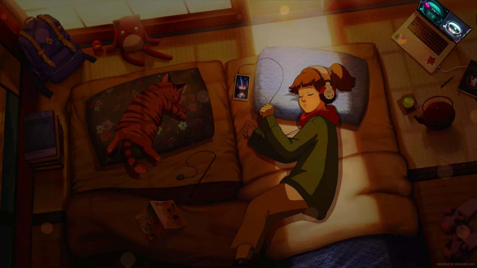 Lofi Girl, chill study session, striped cat, Full HD Desktop Wallpaper