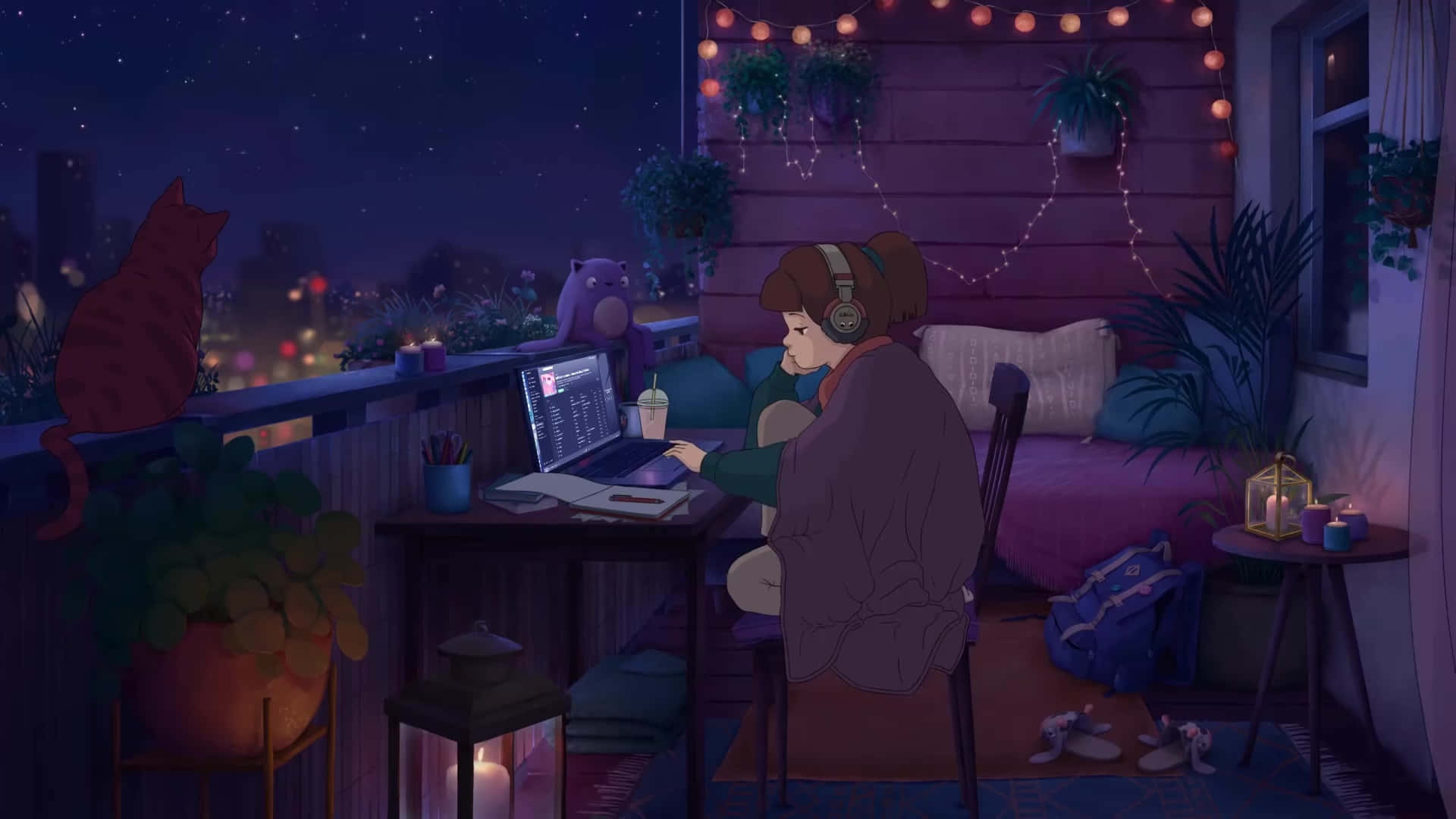 Lofi Girl, cat, balcony, Full HD Desktop Wallpaper
