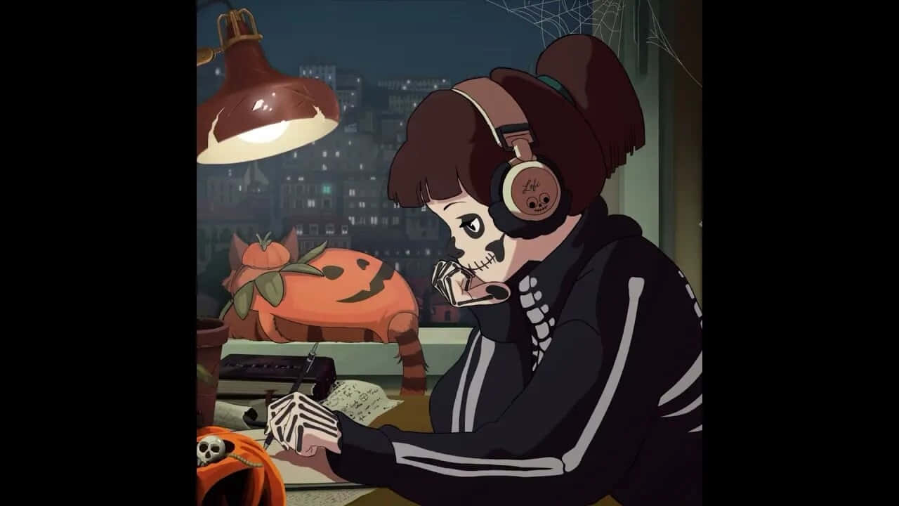 Lofi Girl, skeleton girl, brown hair in a bun, HD Desktop Wallpaper
