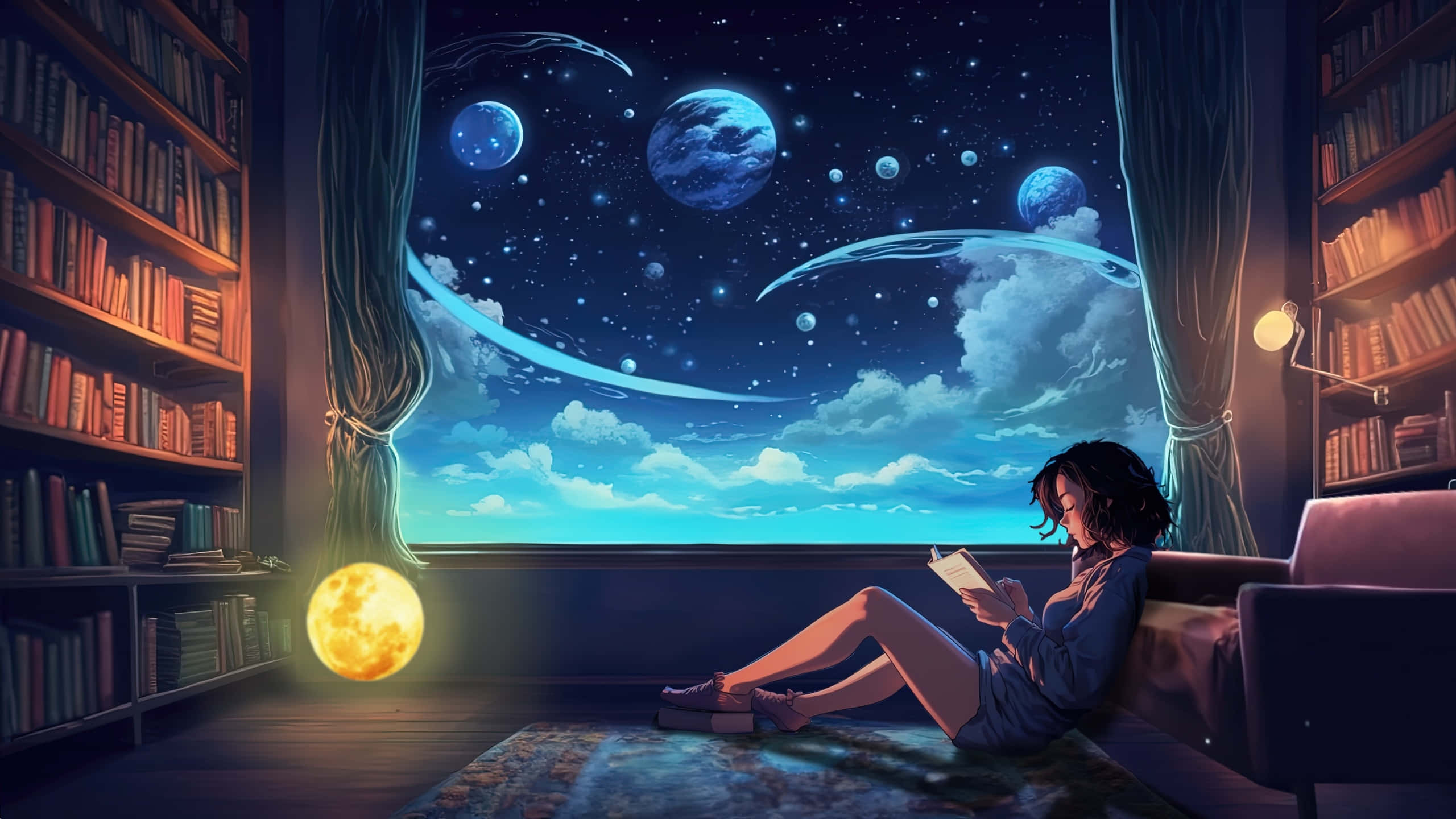 Cosmic_ Reading_ Nook, girl, rug, 2K Desktop Wallpaper