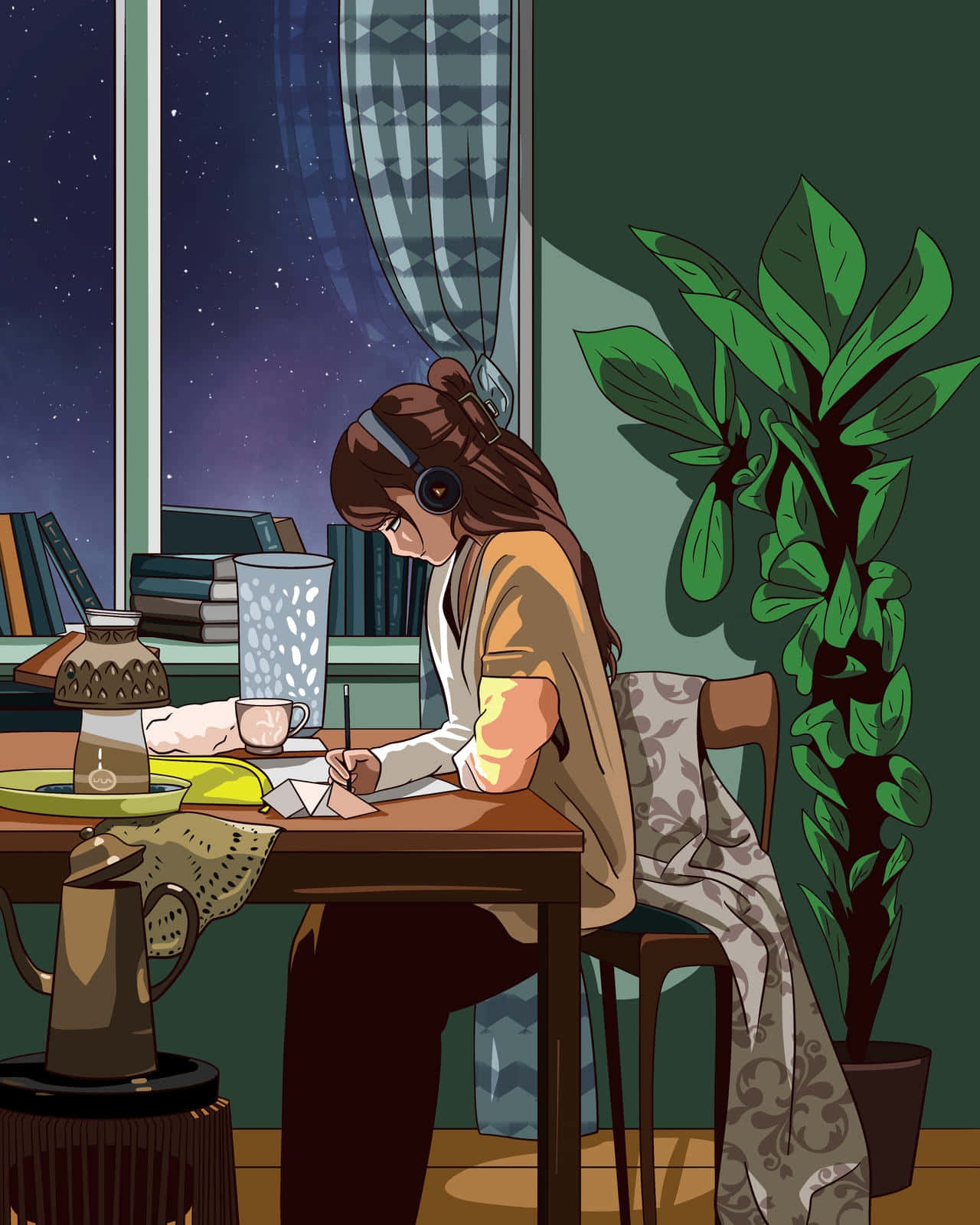 Lofi Girl, wooden desk, window, HD Phone Wallpaper