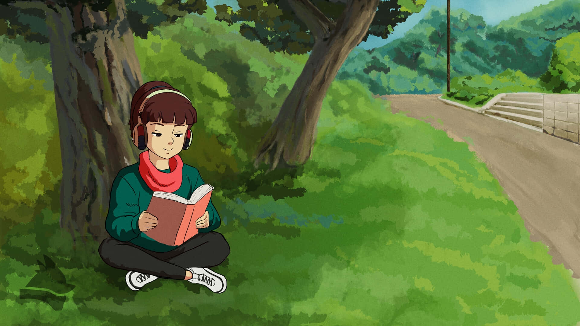 Lofi Girl, headphones, red book, Full HD Desktop Wallpaper