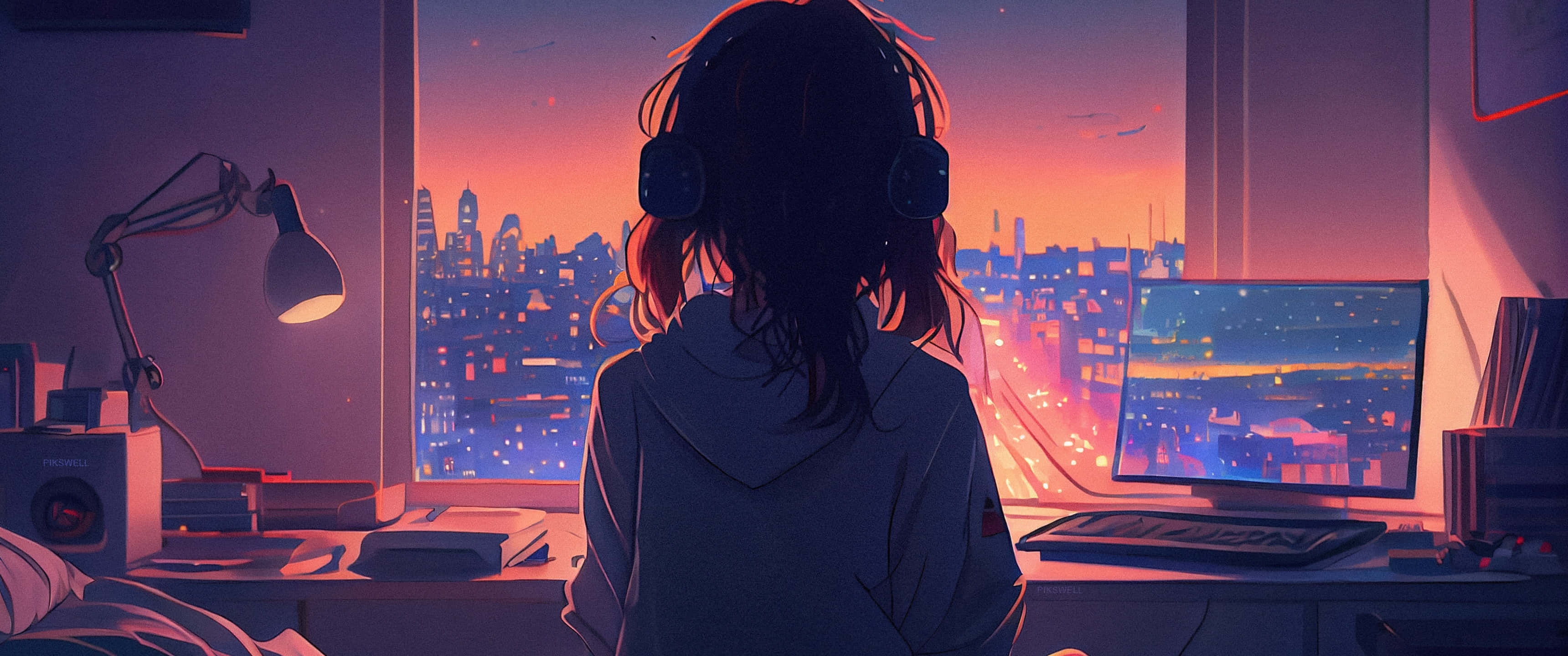 Lofi Girl, cityscape, sunset, 2K Desktop Wallpaper