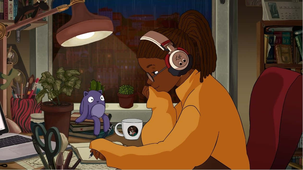 Lofi Girl, orange sweater, headphones, SD Desktop Wallpaper