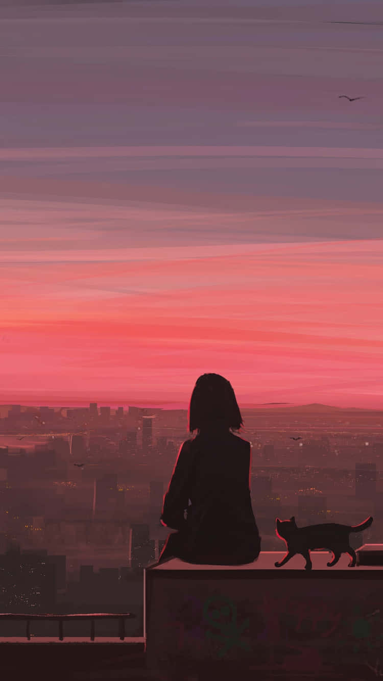 girl, cat, rooftop, HD Phone Wallpaper