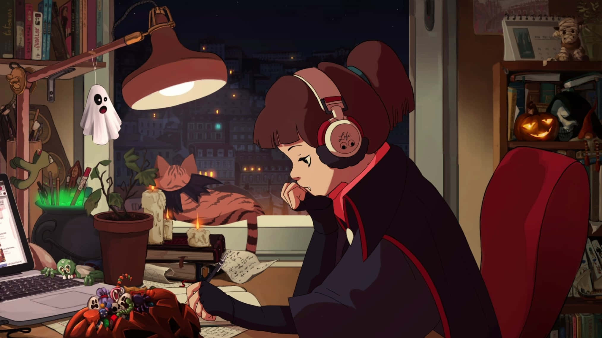 Lofi Girl, Halloween-themed room, cluttered desk, Full HD Desktop Wallpaper