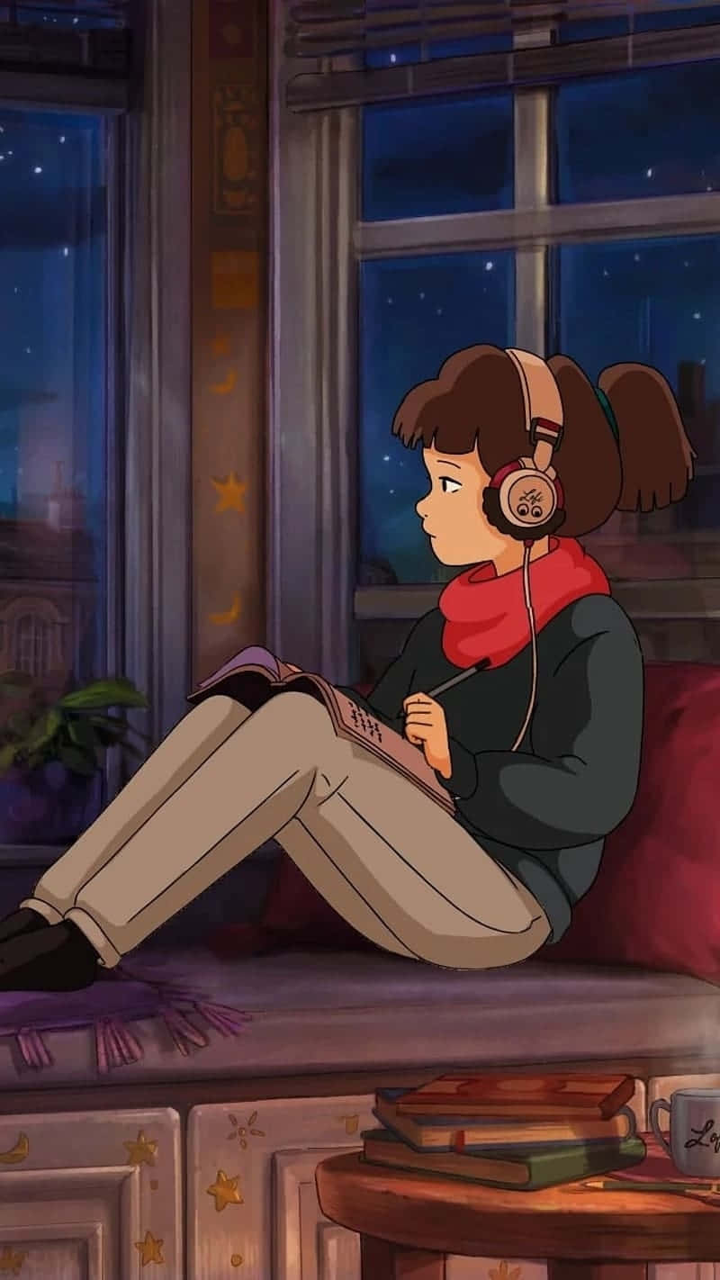 Lofi Girl, brown pigtails, windowsill, HD Phone Wallpaper