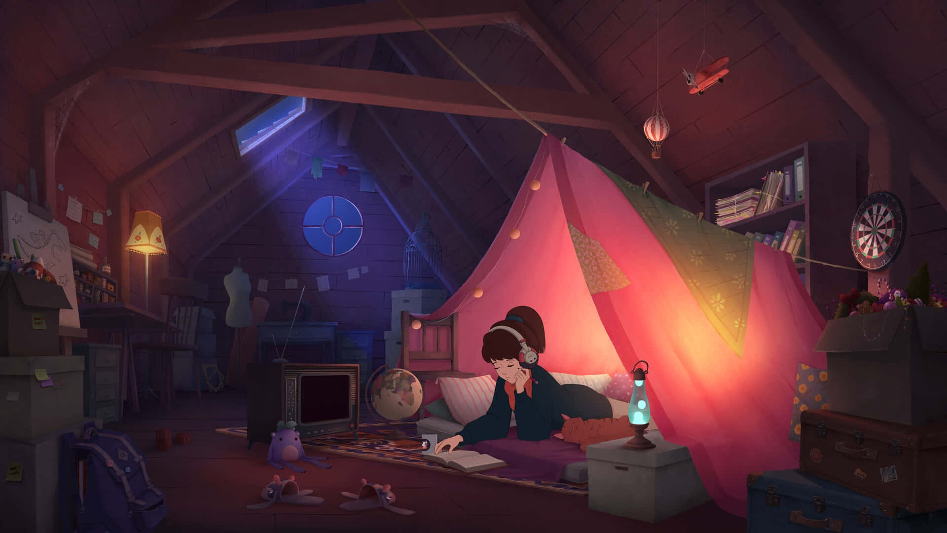 Lofi Girl, pink tent, cluttered attic room, Full HD Desktop Wallpaper