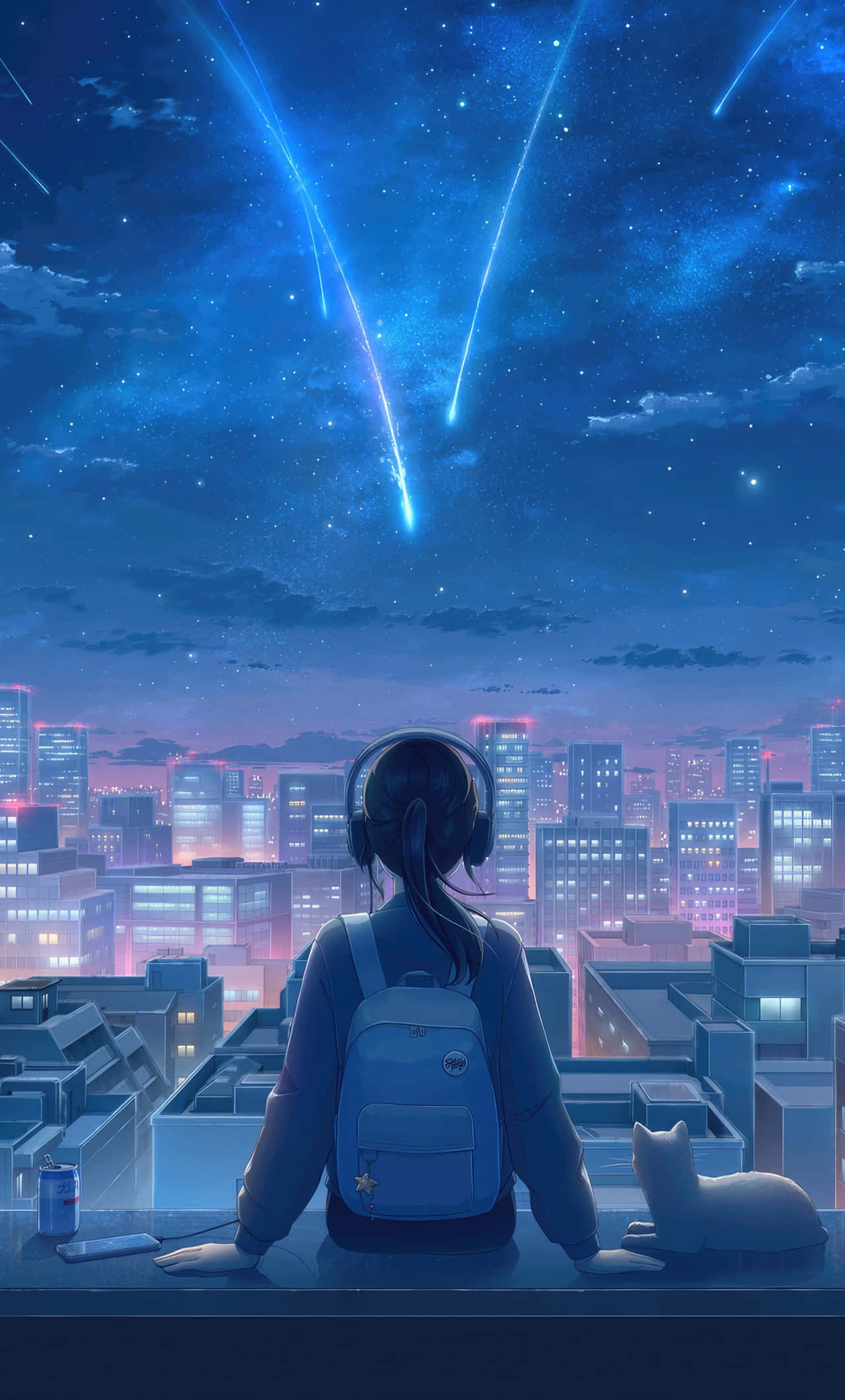 Starry Night Cityscape, girl with headphones, cat, Full HD Phone Wallpaper