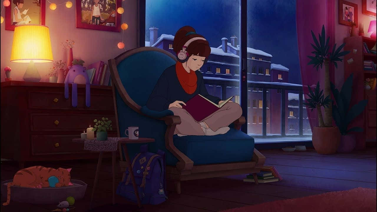 Lofi Girl, cozy blue armchair, cat, HD Desktop Wallpaper