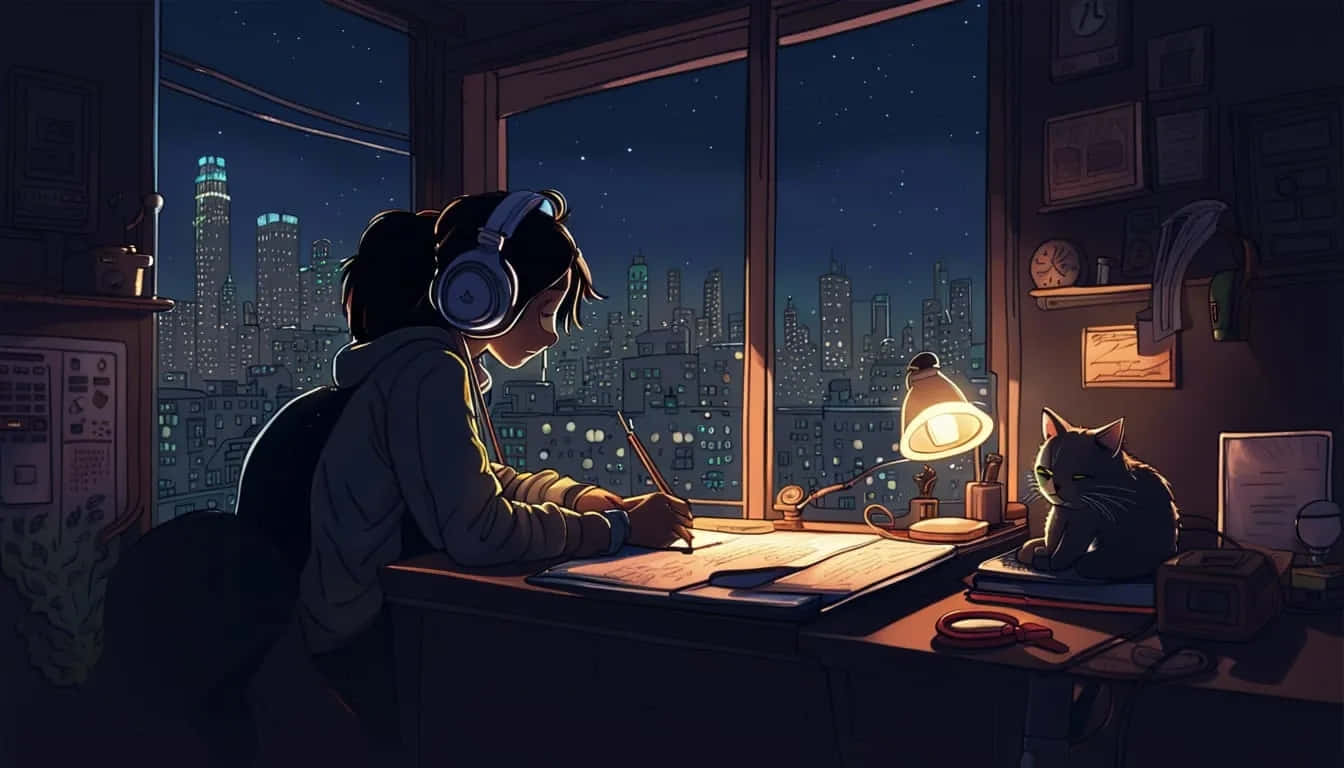 Lofi Girl, study session, nighttime, HD Desktop Wallpaper