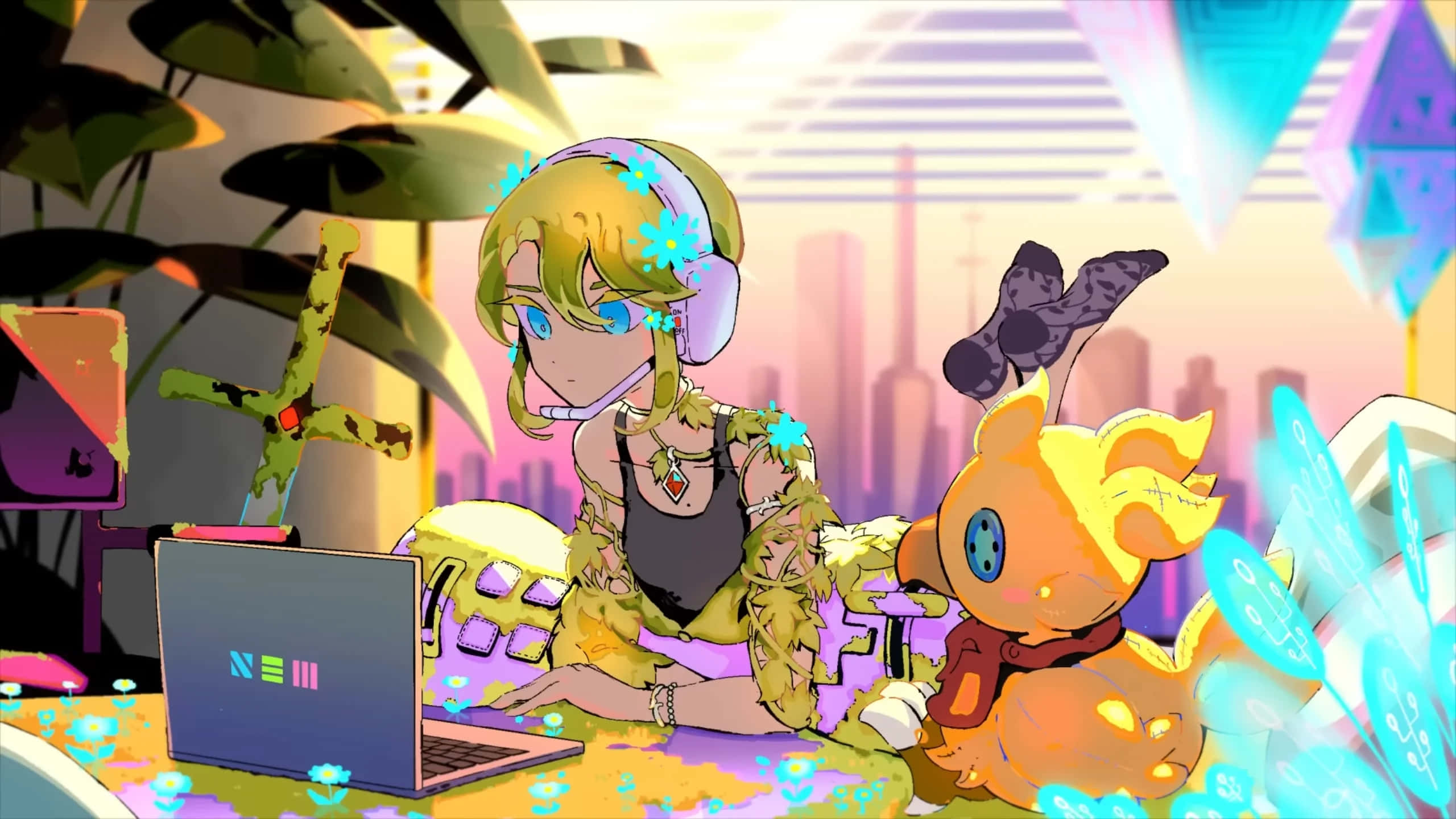Lofi Girl, futuristic cityscape, glowing yellow creature, 2K Desktop Wallpaper