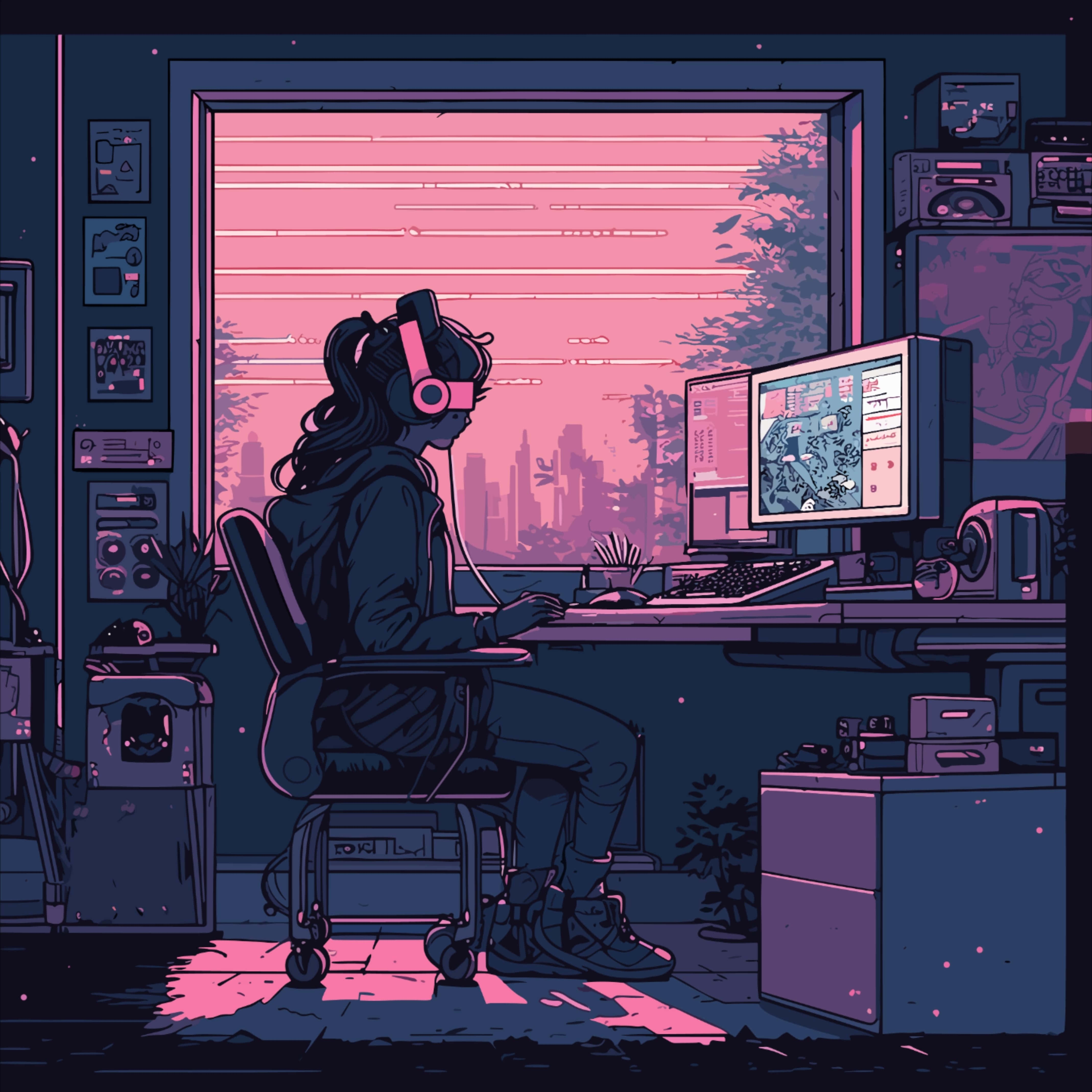 Lofi Girl, neon-lit room, glowing pink window, 4K Desktop Wallpaper