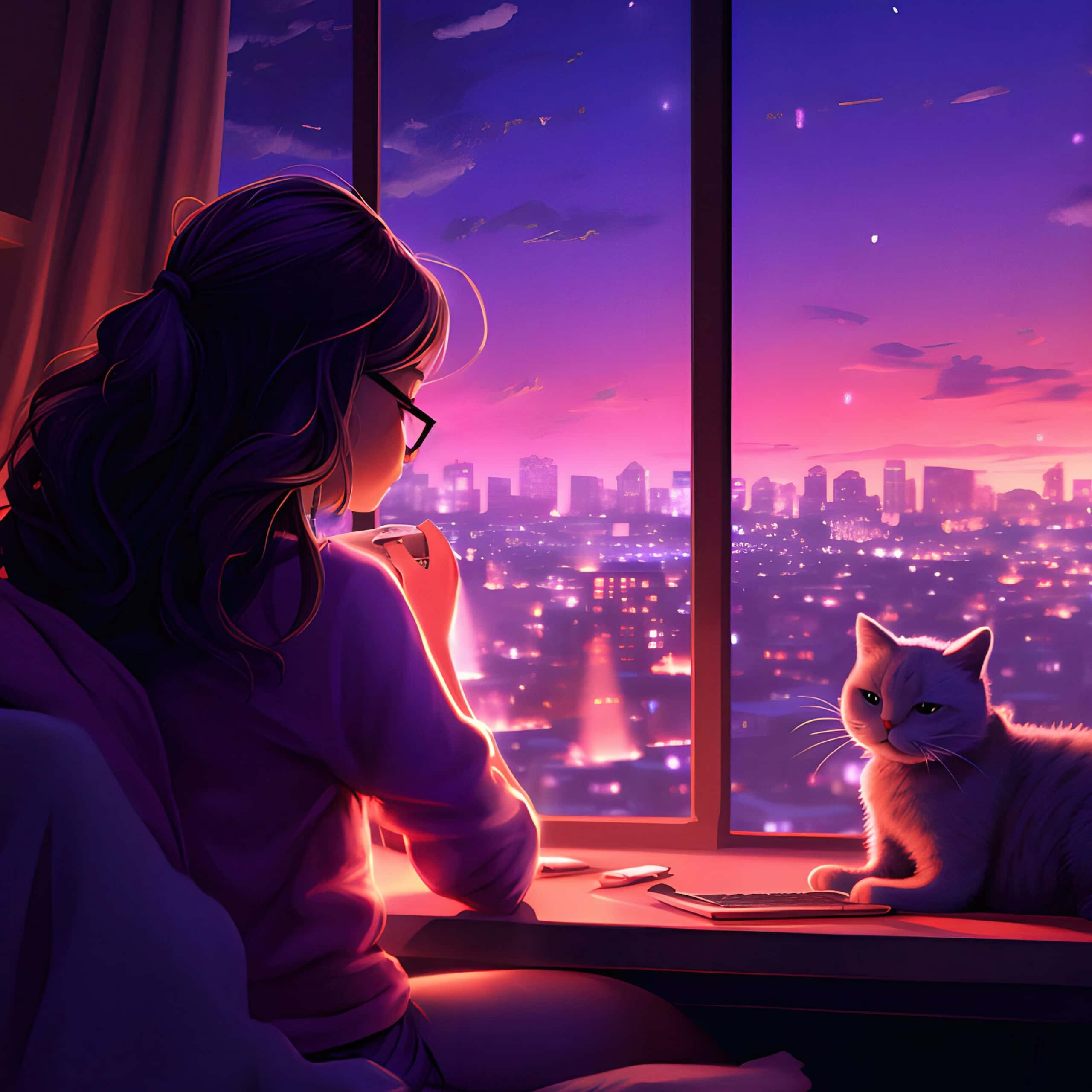 Lofi Girl, cat, sunset, 2K Desktop Wallpaper