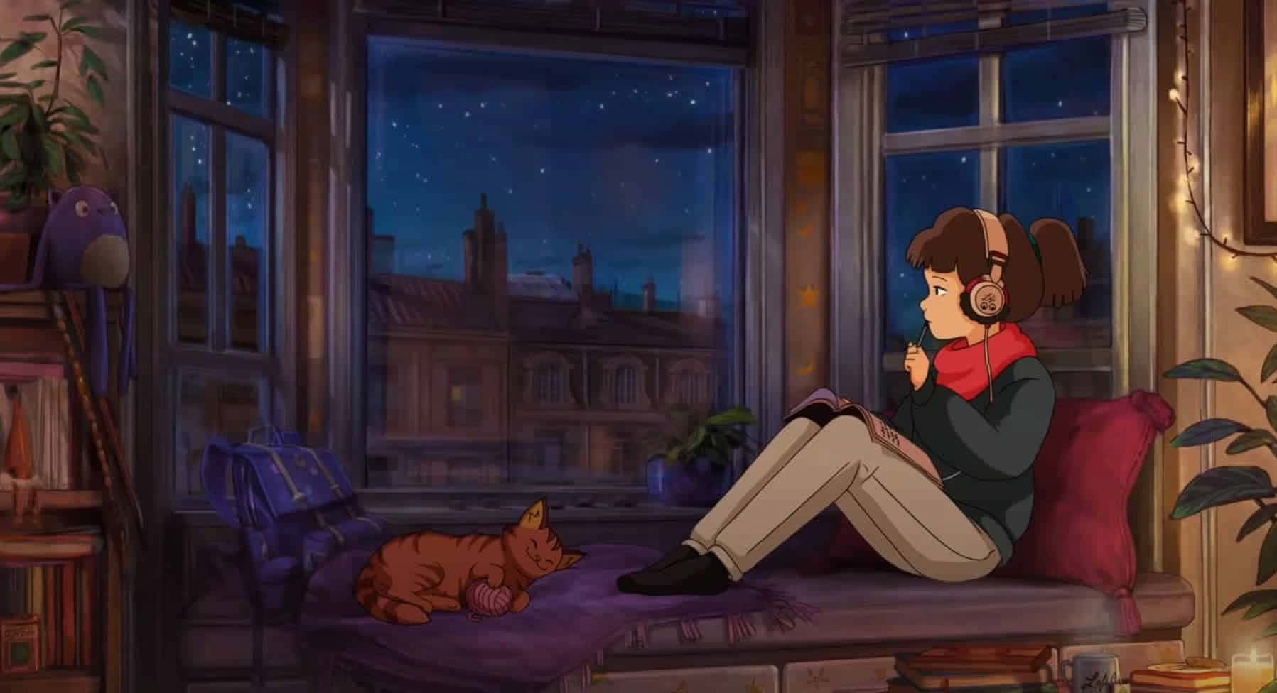 Lofi Girl, windowsill, cat, HD Desktop Wallpaper