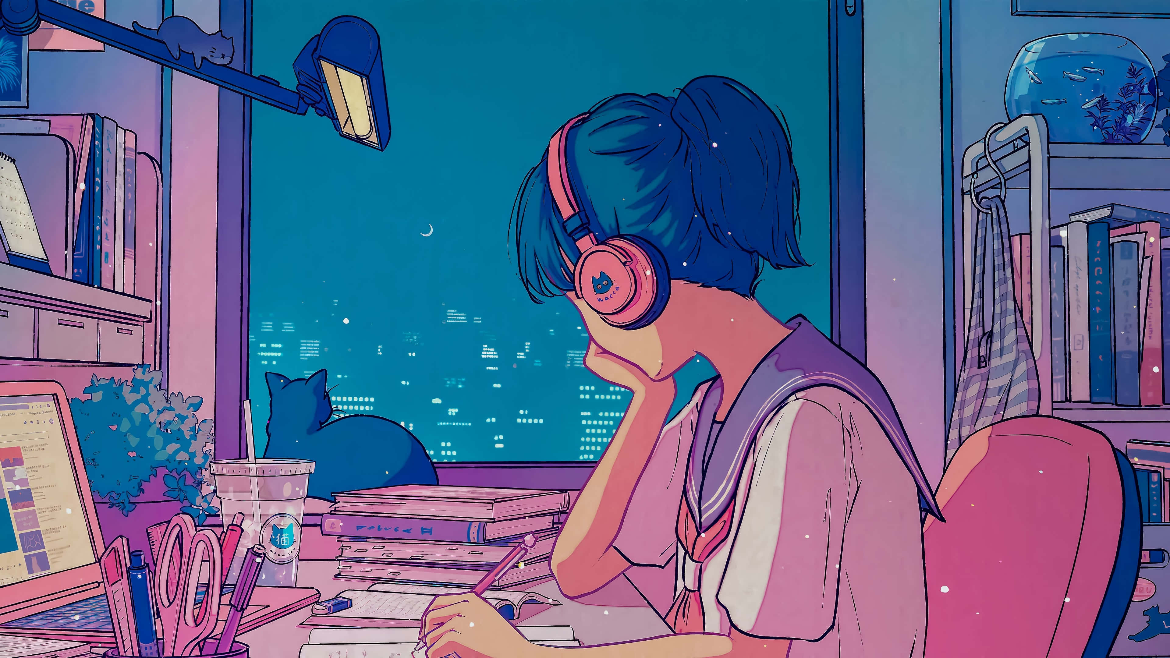 Lofi Girl, blue hair, pink headphones, 4K Desktop Wallpaper