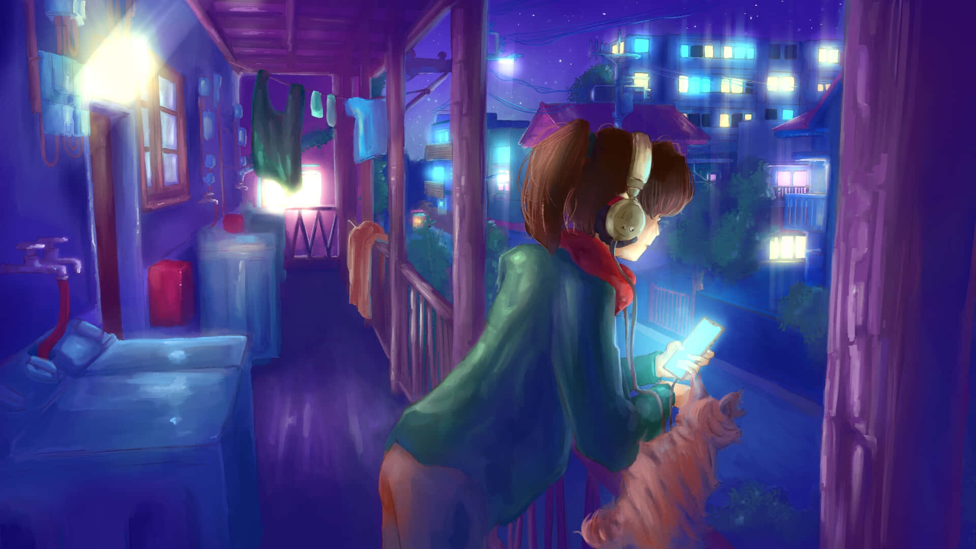 Lofi Girl, balcony, purple night lights, Full HD Desktop Wallpaper