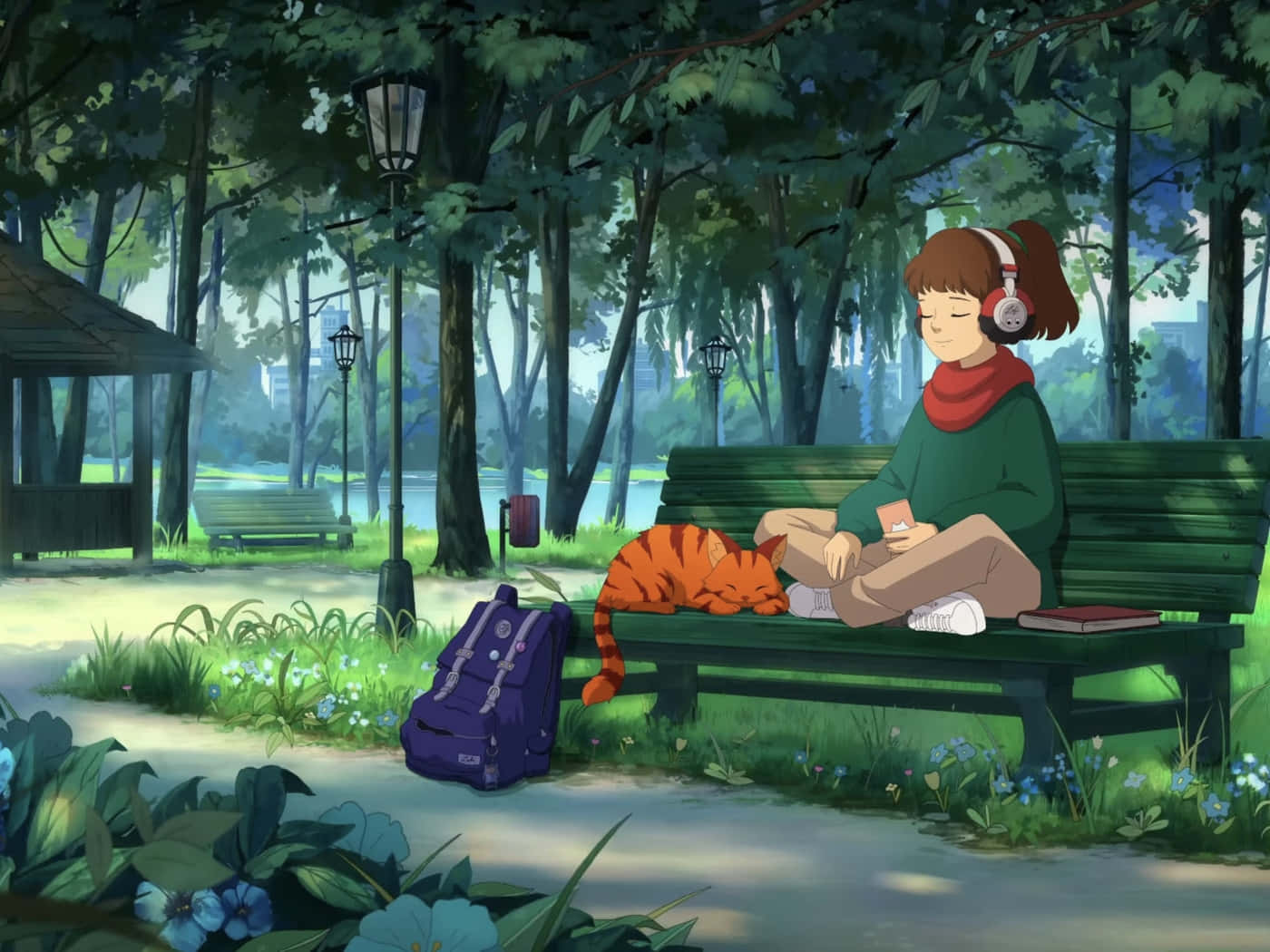Lofi Girl, park bench, orange cat, HD Desktop Wallpaper