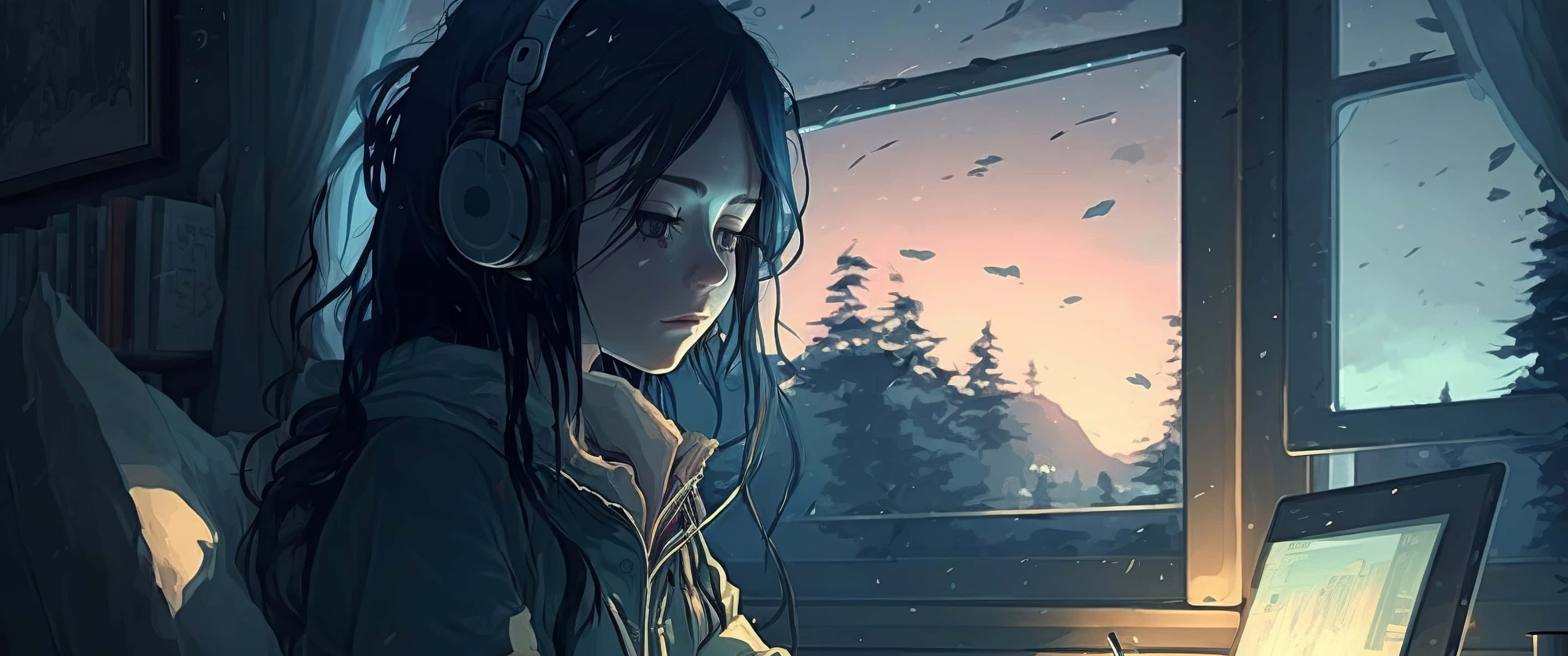 Lofi Girl, headphones, window, 2K Desktop Wallpaper
