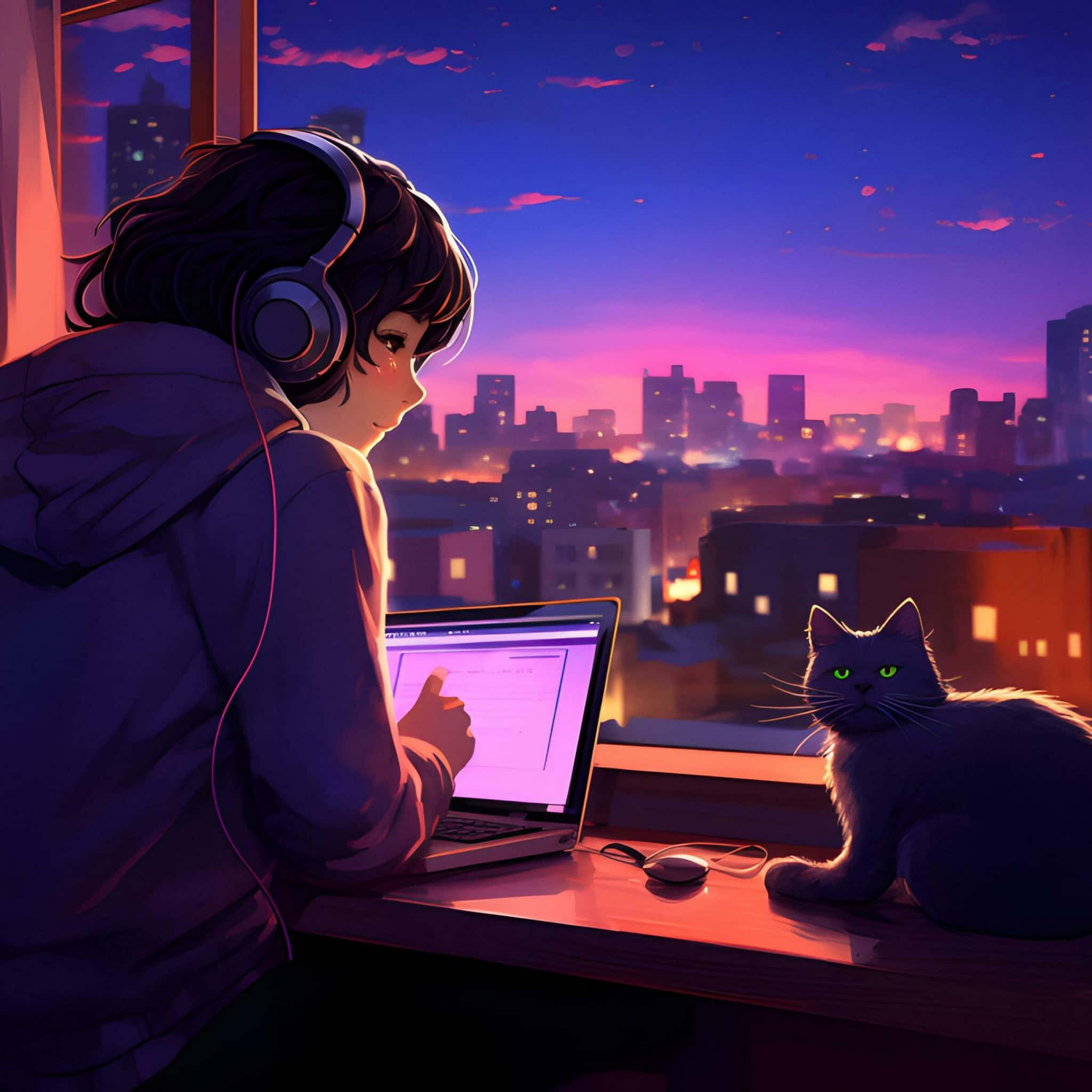 Lofi Girl, black cat, glowing green eyes, Full HD Desktop Wallpaper