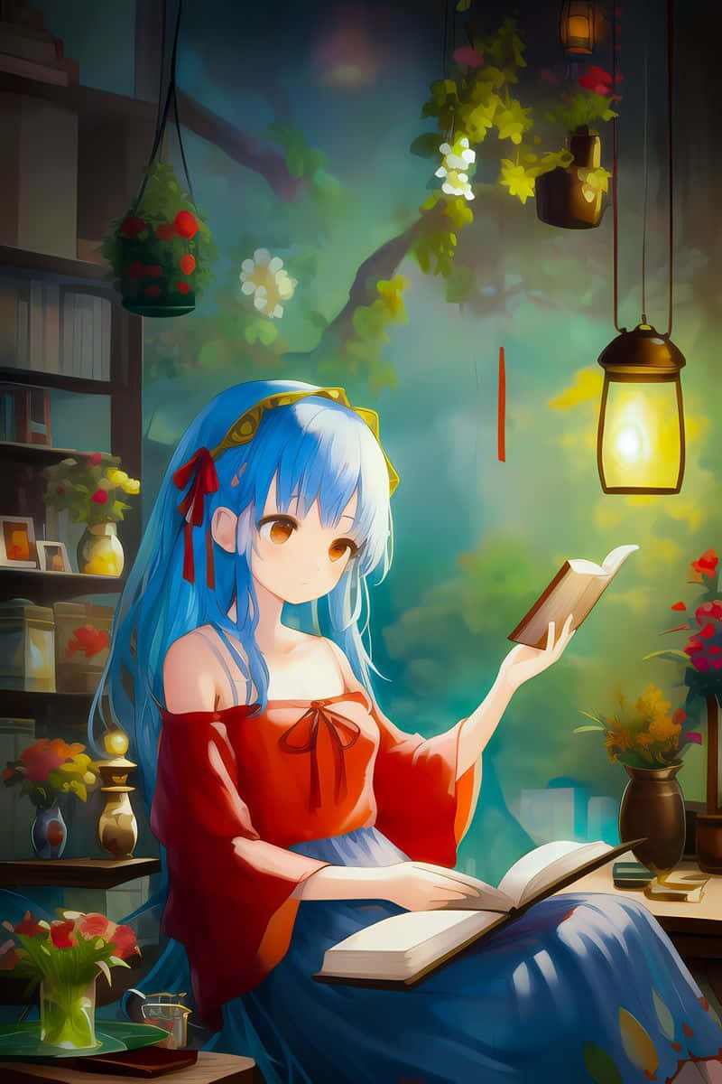 blue-haired anime girl, red top, blue skirt, SD Phone Wallpaper