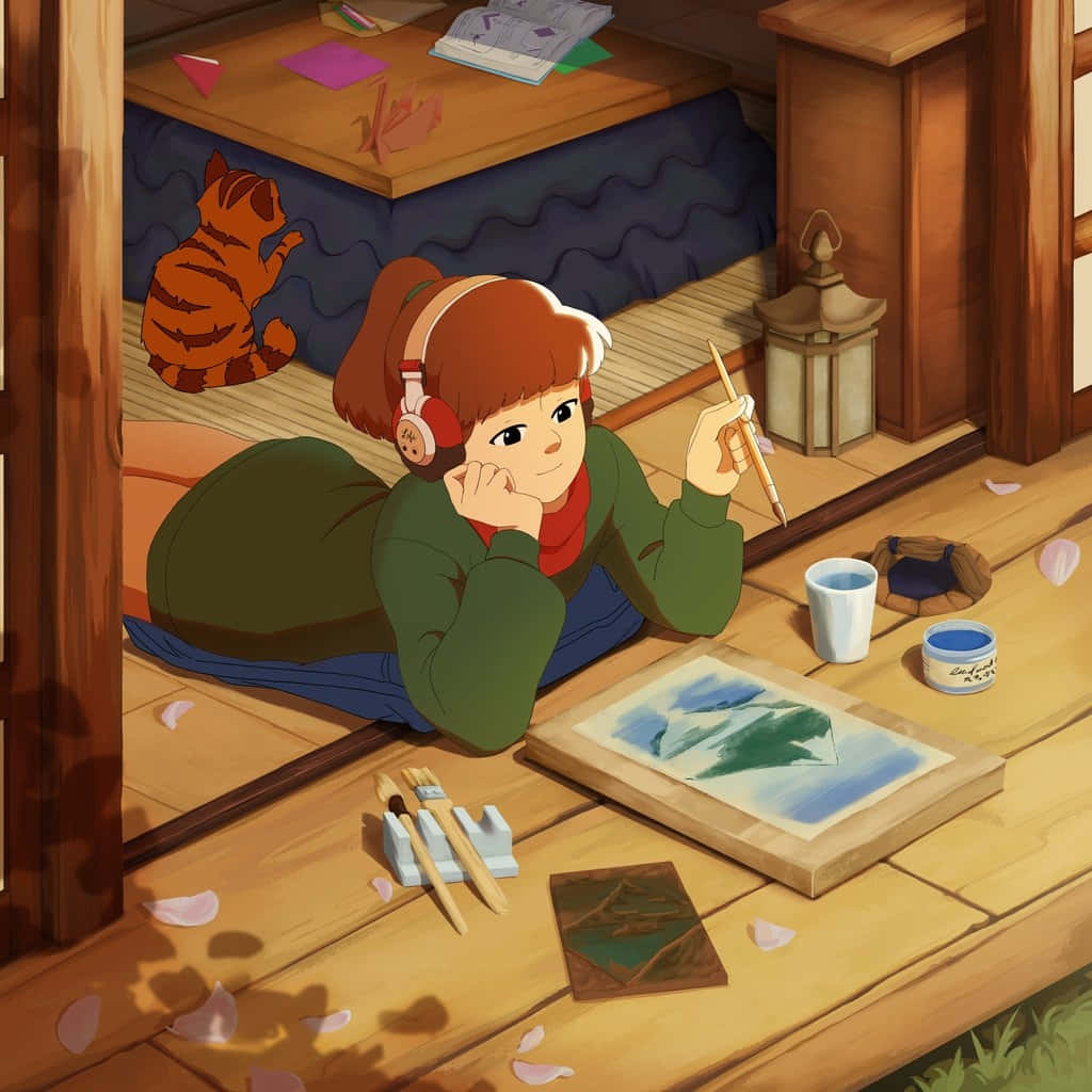 Lofi Girl, painting session, tabby cat, SD Desktop Wallpaper