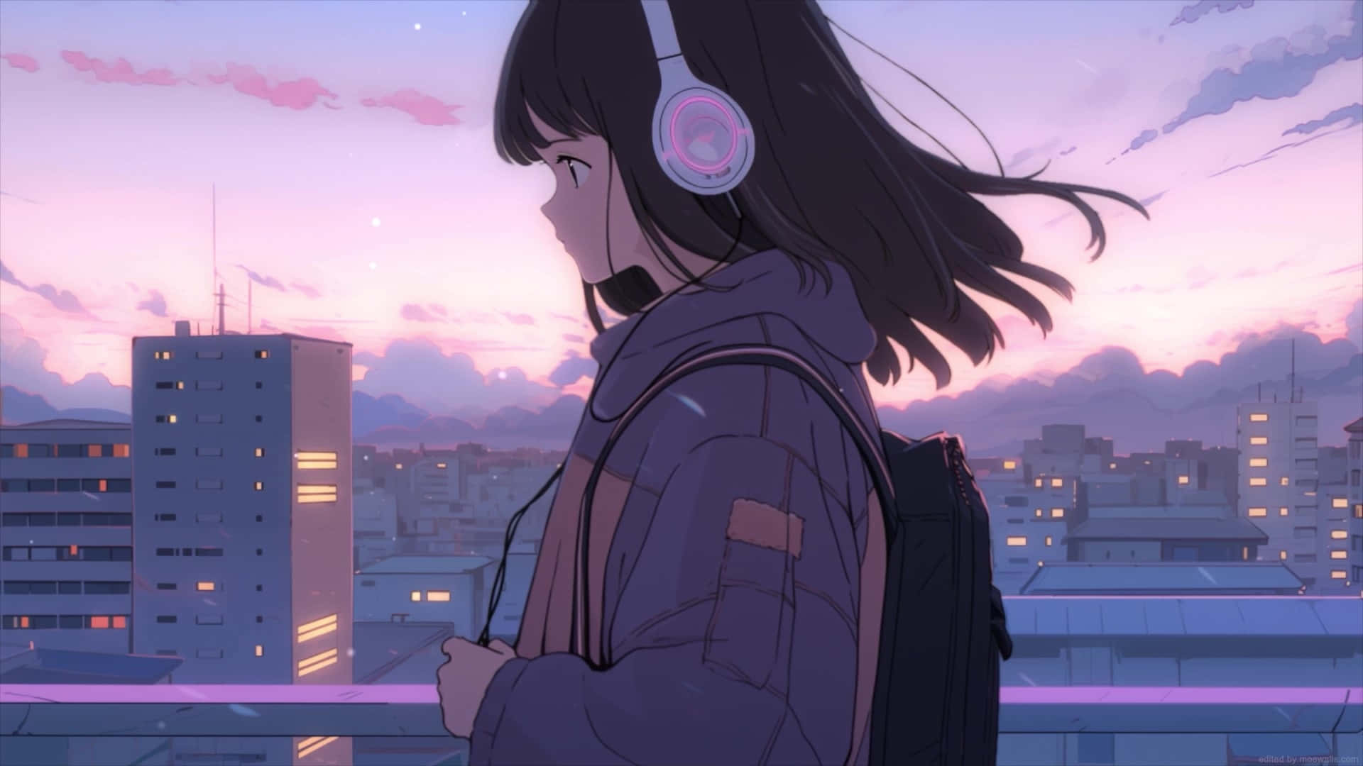 Lofi Girl, cityscape, soft pink and purple sunset sky, Full HD Desktop Wallpaper