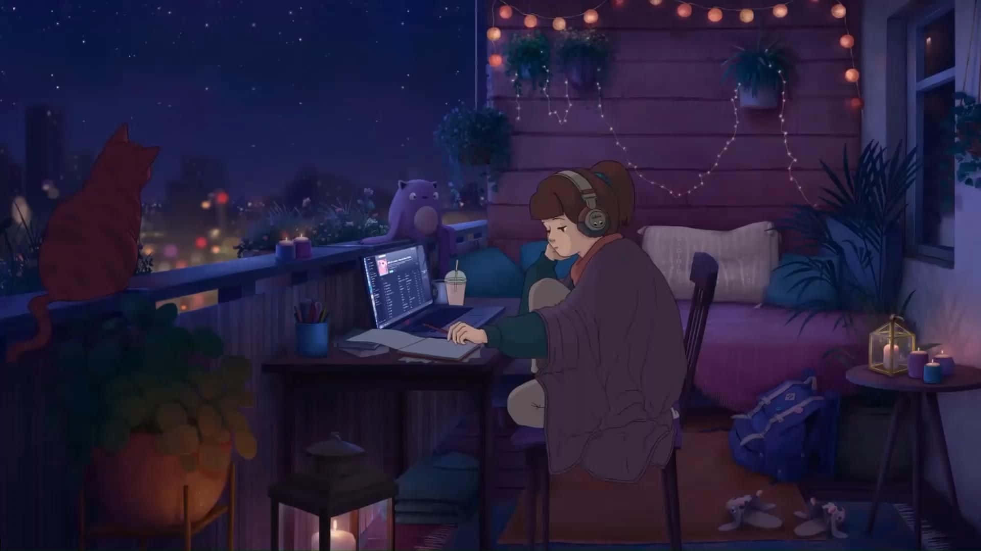 Lofi Girl, headphones, laptop, Full HD Desktop Wallpaper