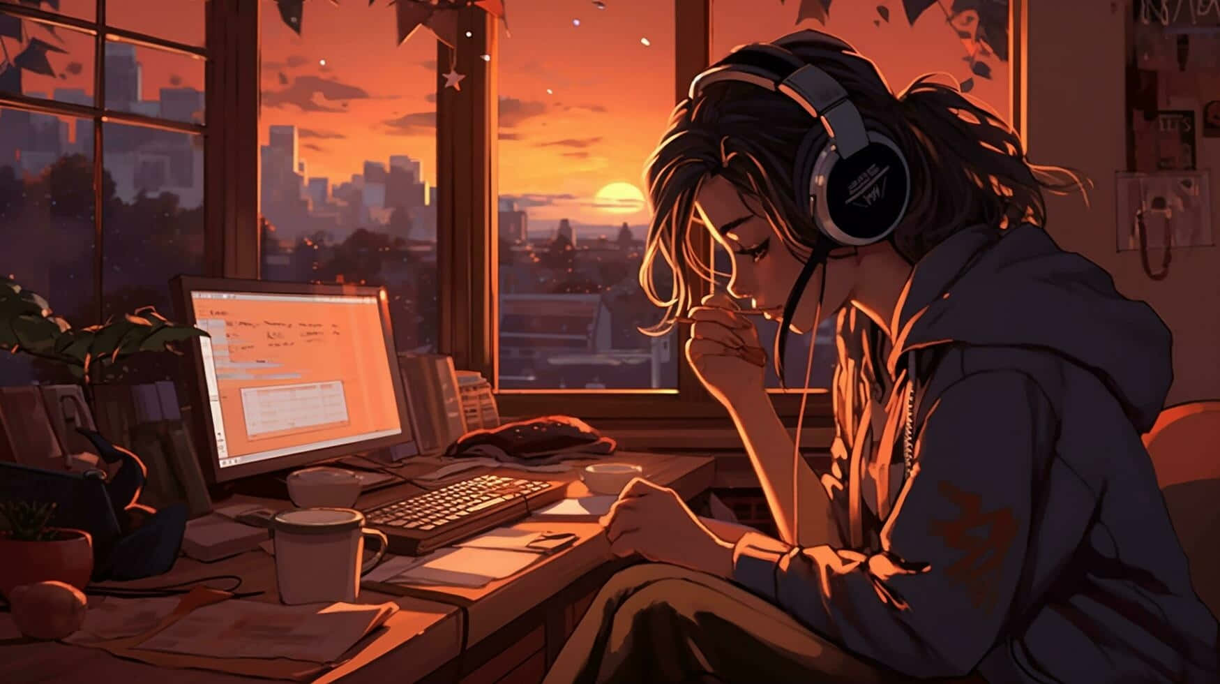 Lofi Girl, sunset, city skyline, HD Desktop Wallpaper