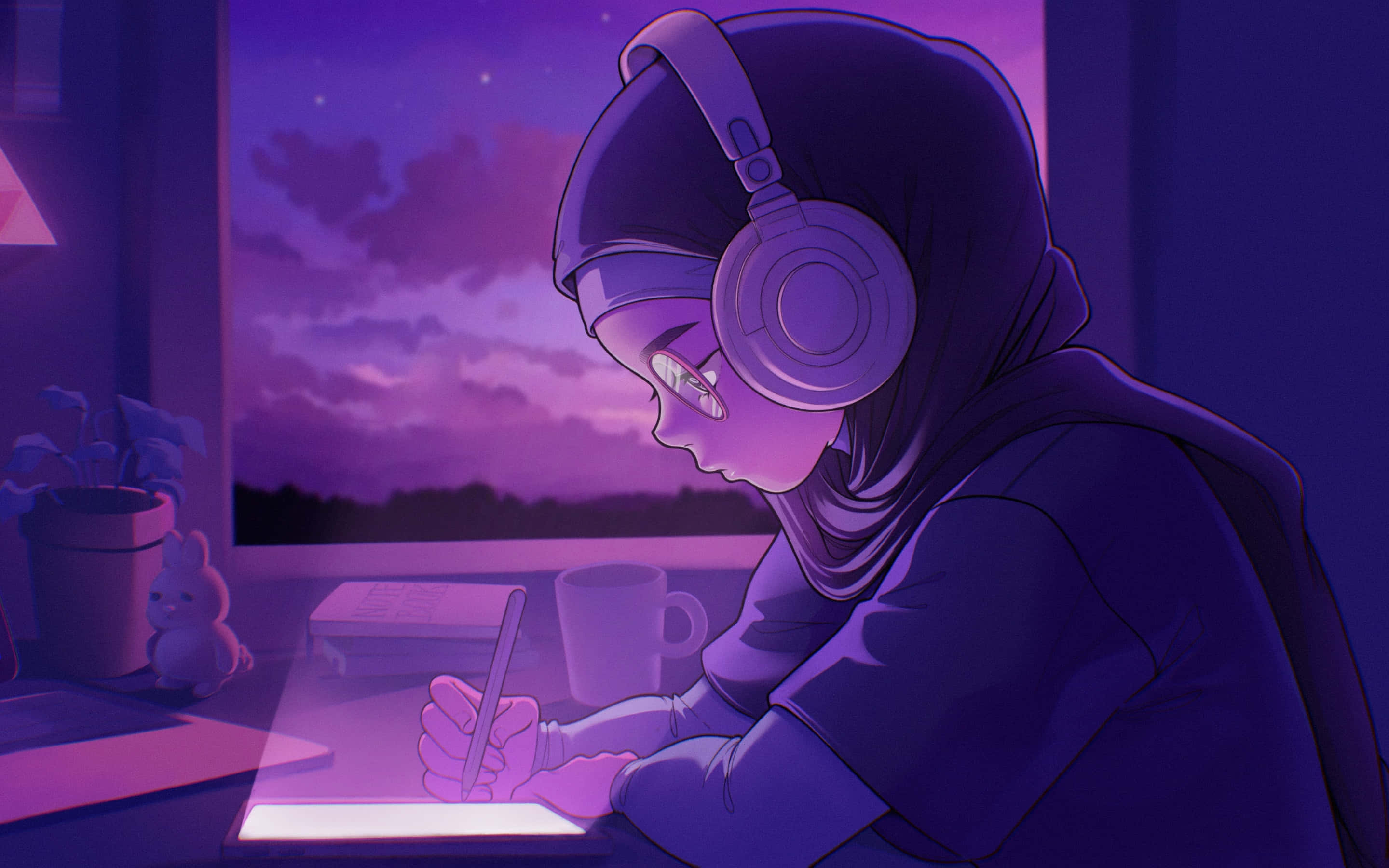 Lofi Girl, hijab, headphones, 2K Desktop Wallpaper