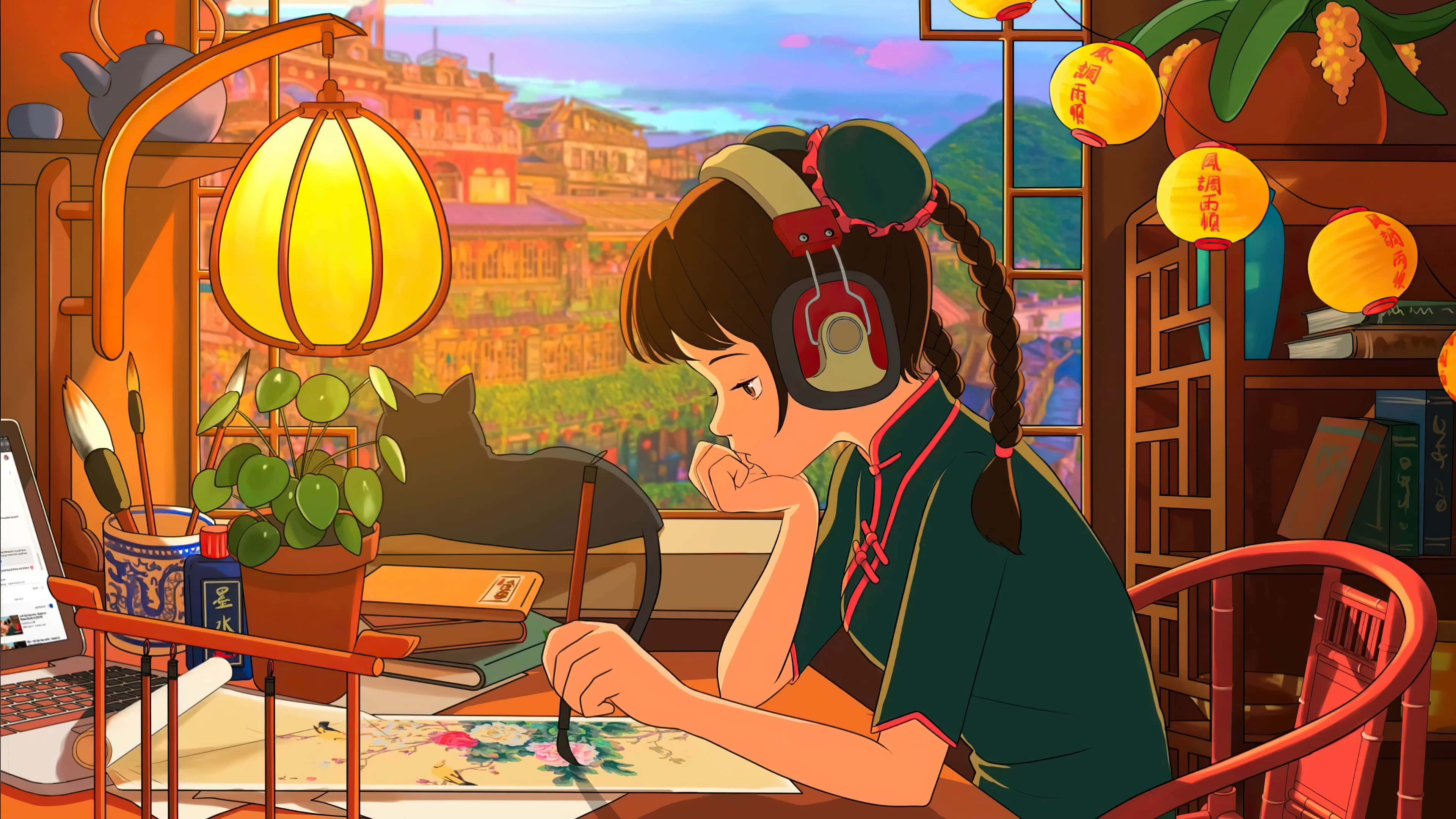 Lofi Girl, green qipao, red headphones, 4K Desktop Wallpaper