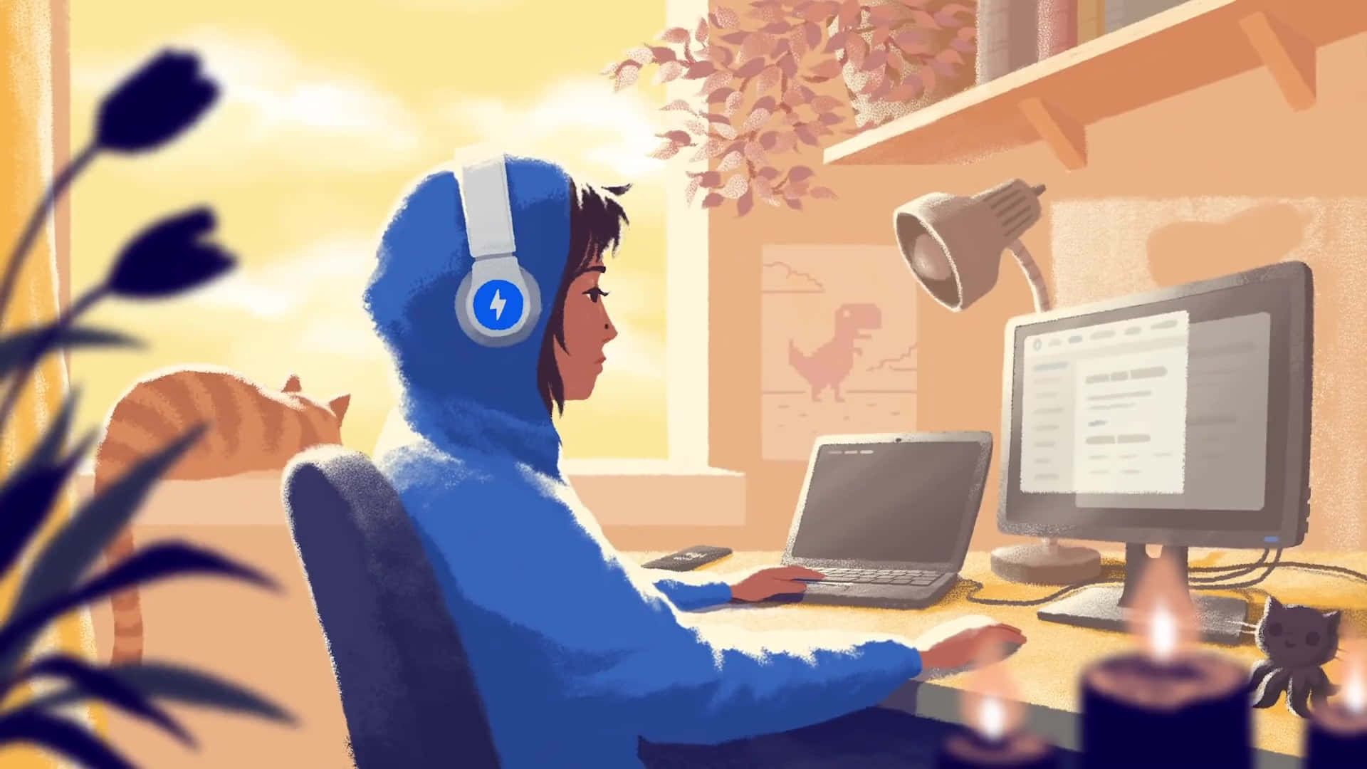 Lofi Girl, blue hoodie, headphones, Full HD Desktop Wallpaper