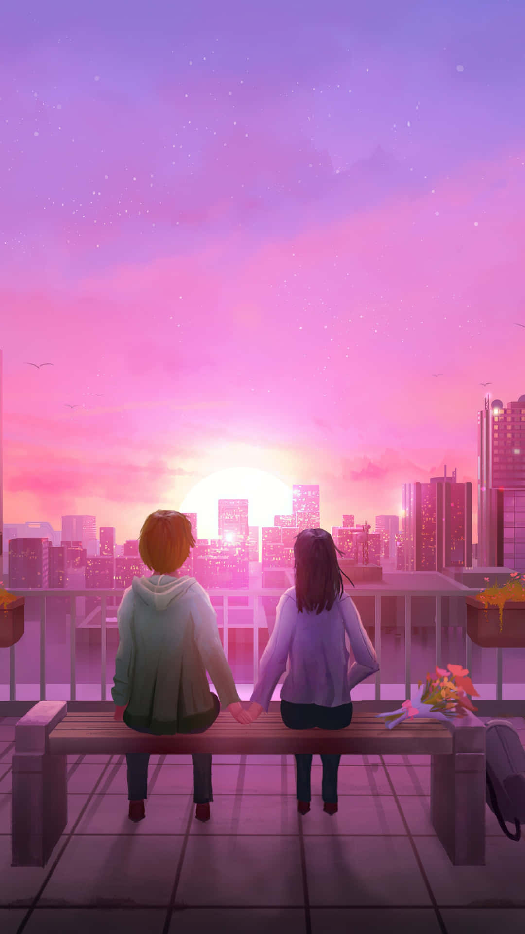 Lofi Love, sunset, rooftop bench, Full HD Phone Wallpaper