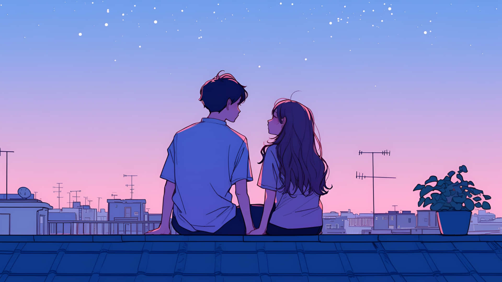 Lofi Love, evening vibes, rooftop, Full HD Desktop Wallpaper