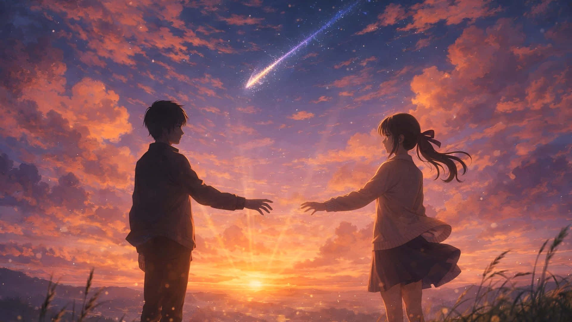 Lofi Love, sunset sky, glowing comet, Full HD Desktop Wallpaper