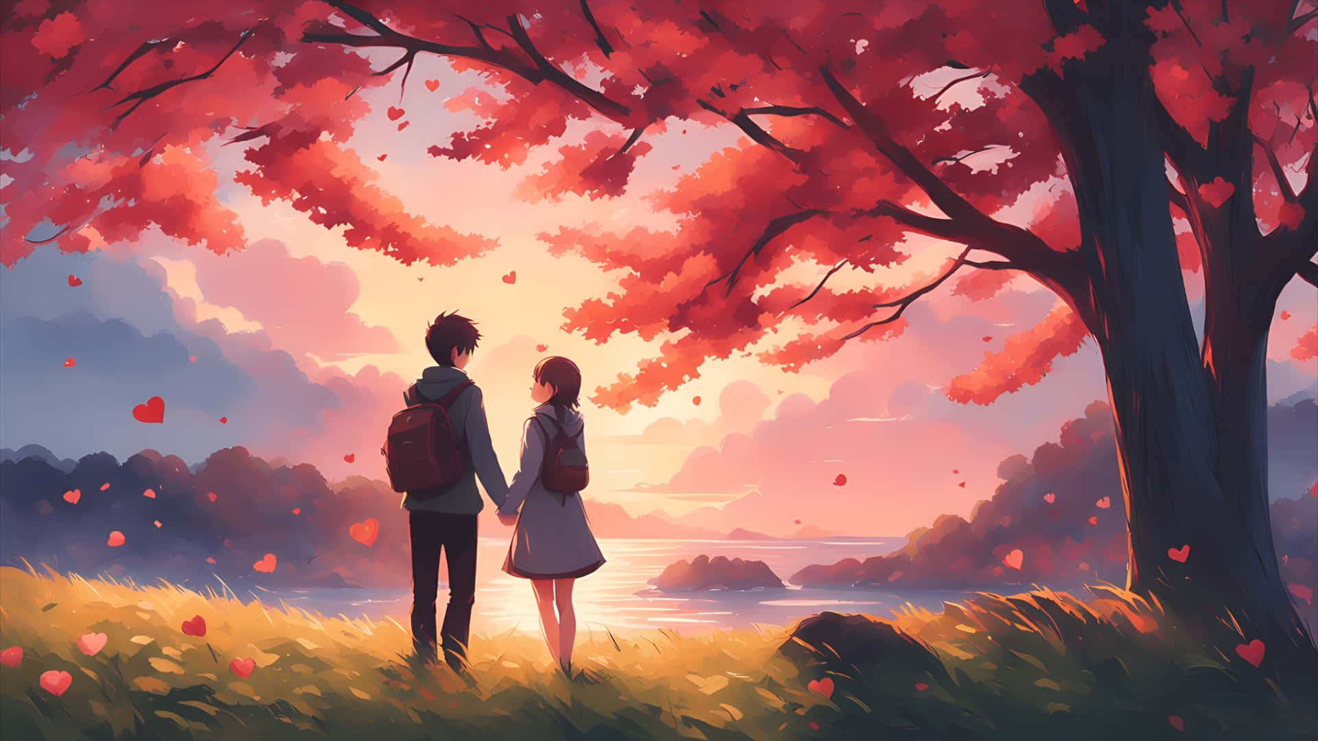 Lofi Love, autumn stroll, vibrant red maple tree, Full HD Desktop Wallpaper