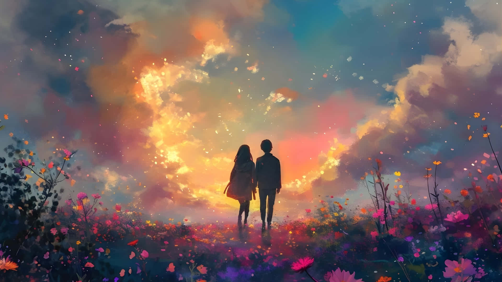 Lofi Love, sunset, field of glowing flowers, Full HD Desktop Wallpaper